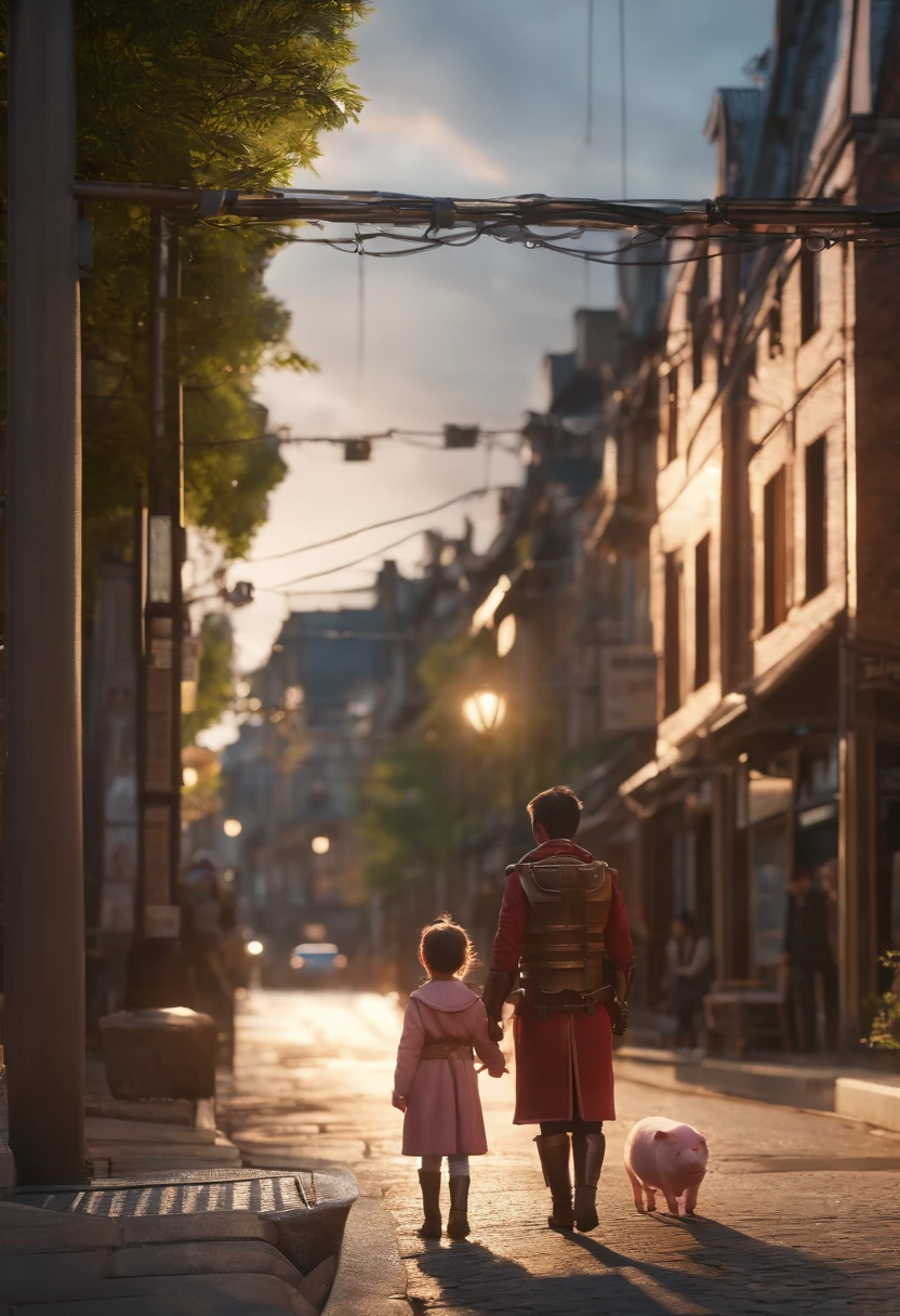 A piglet in armor and a little girl on the street, city street sunset, movie lighting, movie shooting AR 9:16 -N 6-G, Japonisme 3 D 8 K hyper-detailed, realistic street view, octane rendering. Author: Makoto Shinkai, realistic afternoon lights, Akihiko Yoshida. Unreal Engine, anime style. 8K