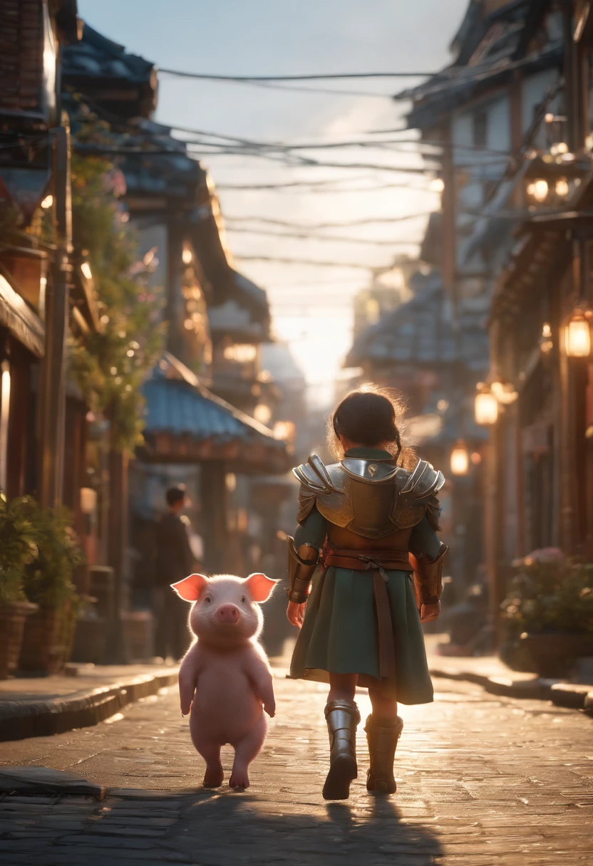 A piglet in armor and a little girl on the street, city street sunset, movie lighting, movie shooting AR 9:16 -N 6-G, Japonisme 3 D 8 K hyper-detailed, realistic street view, octane rendering. Author: Makoto Shinkai, realistic afternoon lights, Akihiko Yoshida. Unreal Engine, anime style. 8K