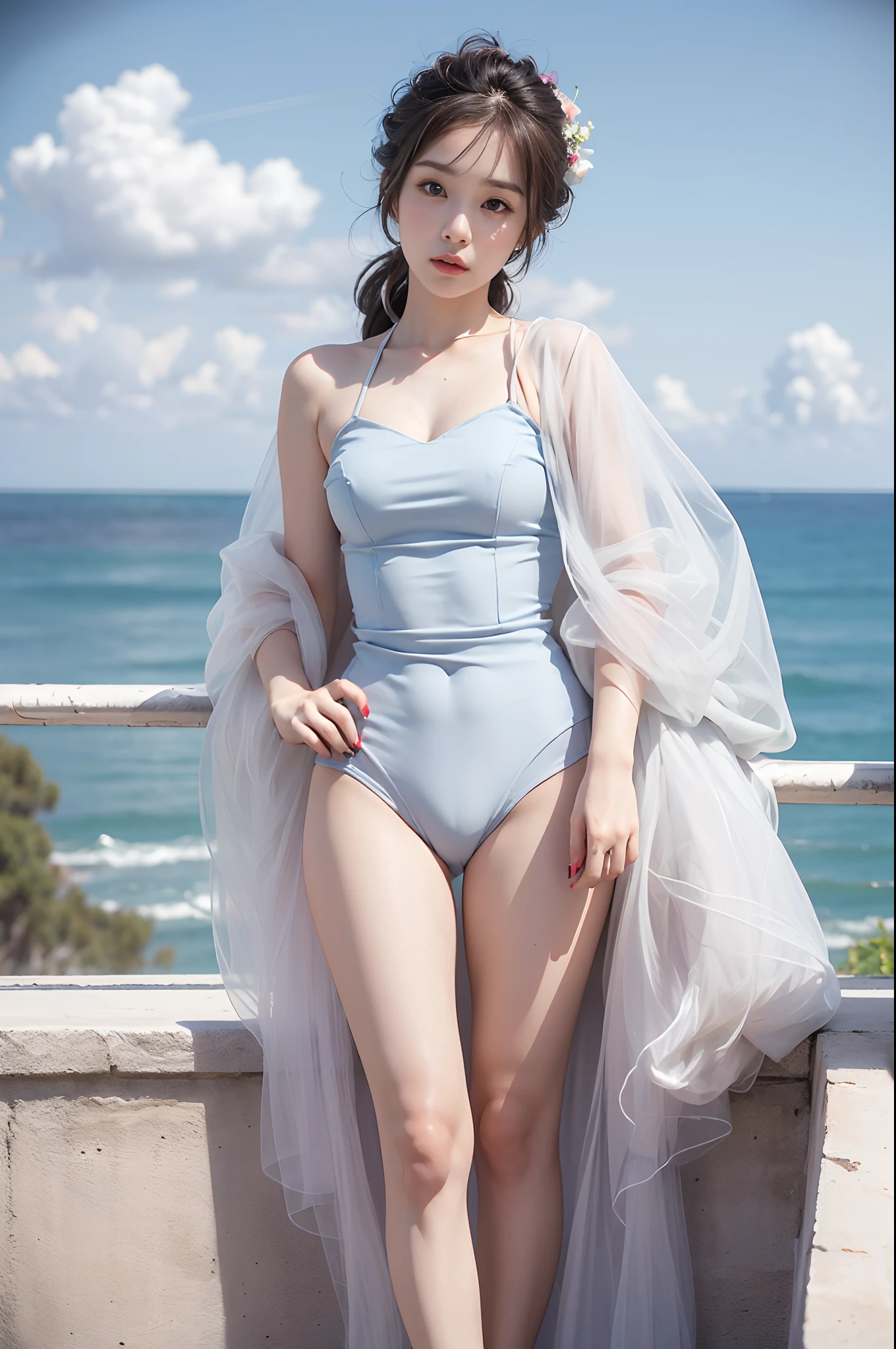(Masterpiece, Superb work,4K 分辨率, Ultra-realistic:1.3),Girl posing for photo in white shirt and pleated skirt，(A half body:1.2)，Slim body，(medium chest circumference)，Slim girl model，24 years old female model，(Have by the sea:1.3)，Soft light，Detailed background,Coordinated body proportions，facial closeups，well detailed face，(比基尼:1.3)，(White panties 1.2)，swimming uniform，swim wears，