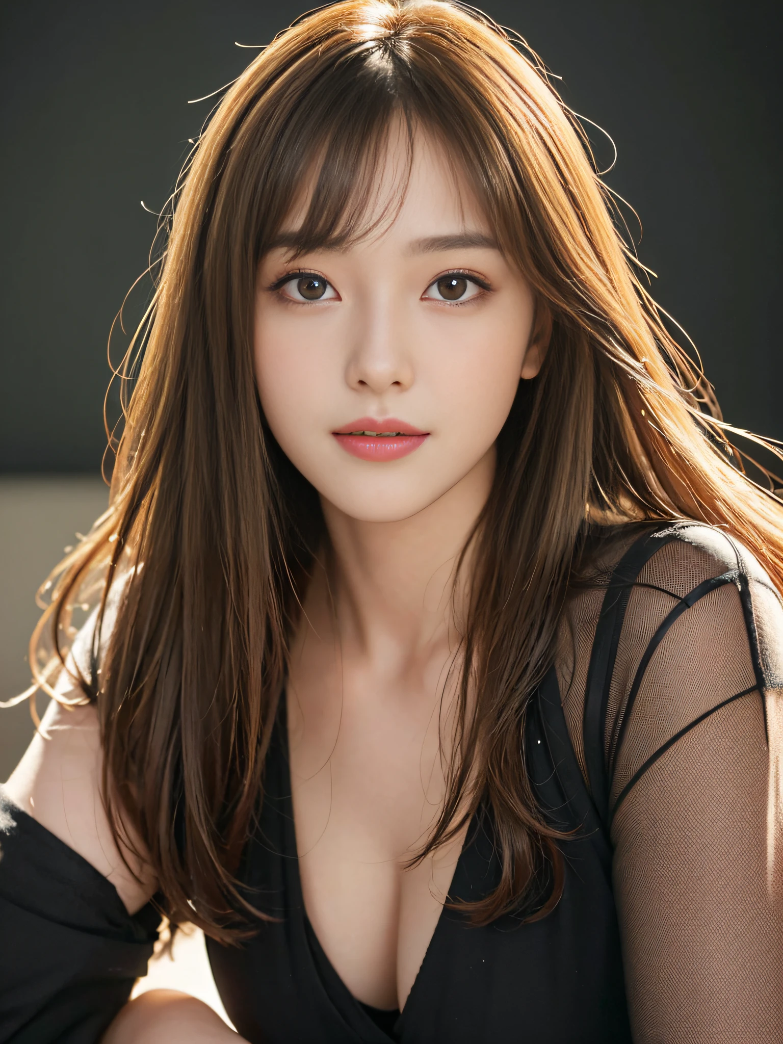 masterpiece, best picture quality, high quality, beautiful girl, Japanese, Japanese school girl, detailed, detailed eyes, detailed skin, beautiful skin, ultra high resolution, (reality: 1.4), very beautiful, slightly younger face, beautiful skin, slender, (ultra realistic), (illustration), (high resolution), (8K), (highly detailed), (best illustration), (beautifully detailed eyes), (super detailed), (wallpaper), (detailed face), looking at viewer, fine details, detailed face, smiling, looking straight ahead, angle from waist up, realistic photo, bright lighting, professional lighting, blonde, long hair, gorgeous red and black dress, mature woman, long stylish bangs,