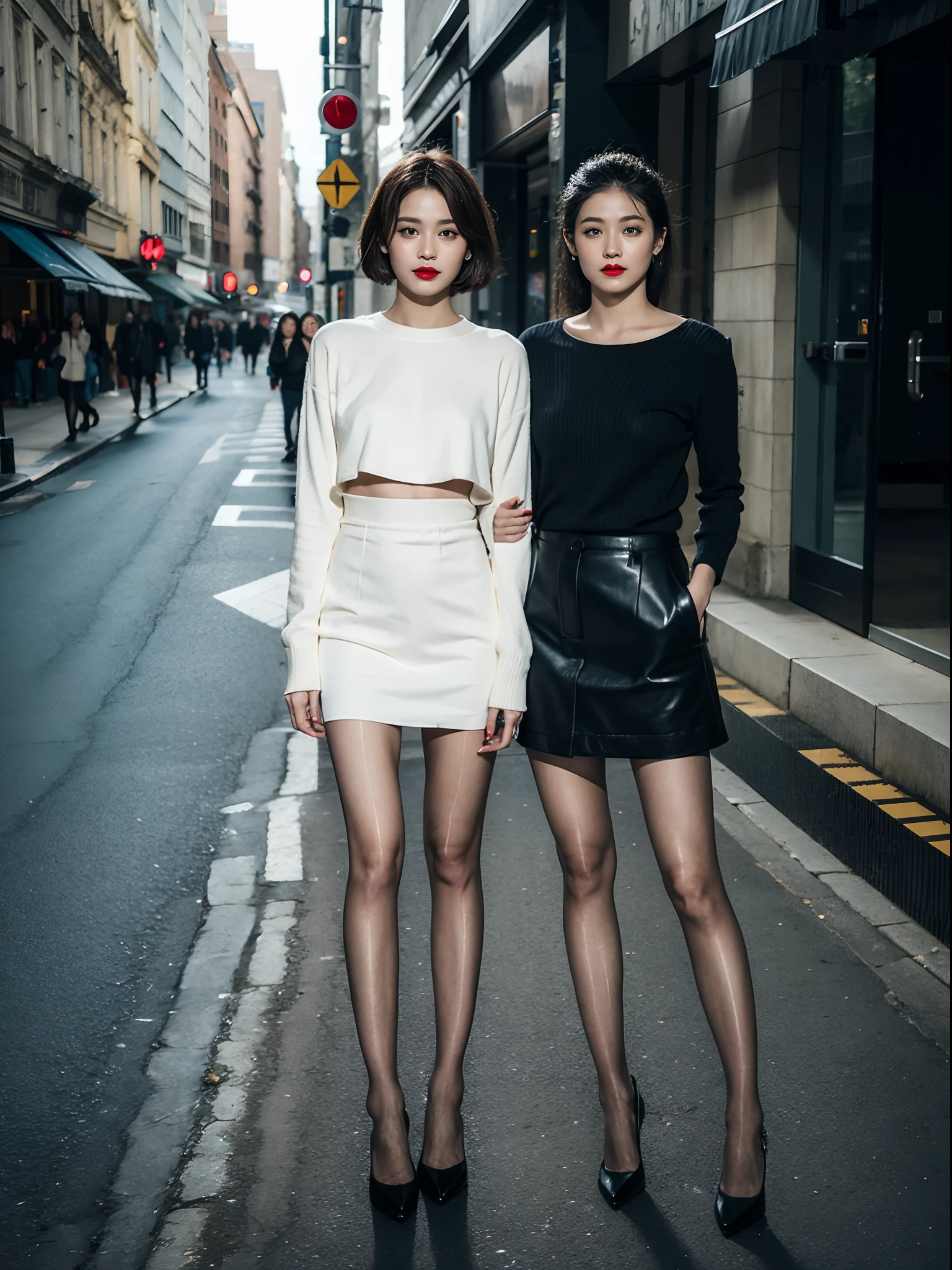 1 rapariga,full bodyesbian,high-heels,a skirt,Fashionab,(realisticlying:1.7),((best qualtiy)),absurderes,(超高分辨率),(realisticlying:1.6),realisticlying,rendering by octane,(Hyper-realistic:1.2),(photo-realistic face:1.2),(8K),(4K),(tmasterpiece),(realistic skin textures),(beautidful eyes:1.2),(s the perfect face)))),(standing on your feet),brunette color hair,黑The eye,Redlip,the street