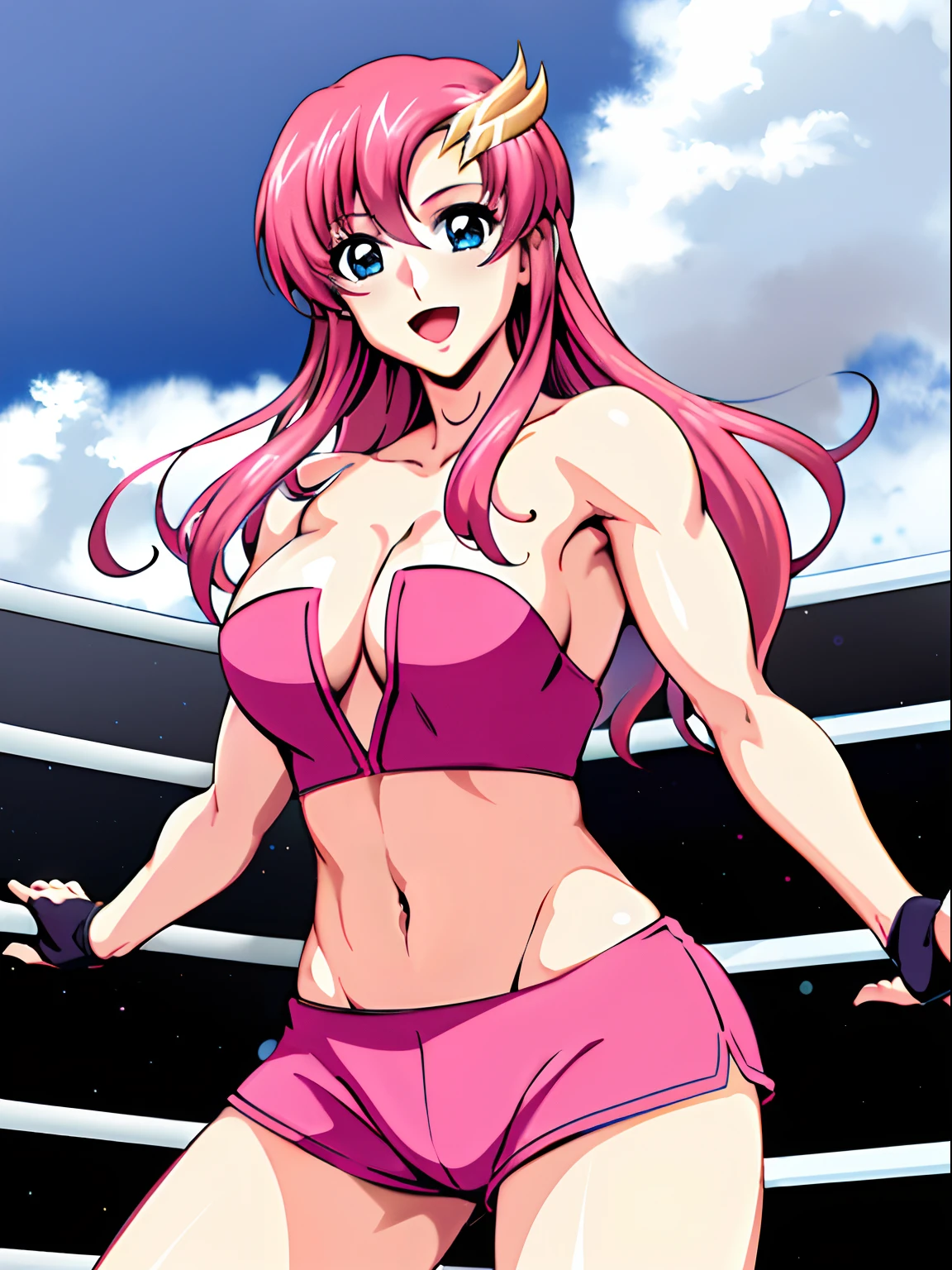 (((pink strapless wrestling outfit, gloves, pink shorts , slender body, long stomach, nice thighs, happy, gentle))), (masterpiece, standing , 4K, Best Quality, Anime style,, Adult Woman, ultra detailed face, (cloud background, wrestling), Drawing lines, high resolution, Anime, lacus4), 1girl, Solo, Long hair, 鎖骨, scapular, (Detailed wide hair bangs, Hair Ornament, Detailed reddish-pink hair, golden crest), cleavage, large hands, (pro female wrestler). (Big blue eyes, shiny eyes), ((female wrestler, little biceps, slender body, broad shoulders, closed fists, open mouth)), ((perfect proportions, medium breasts, cleavage, long belly)), (((mini strapless wrestling))),( looking at the viewer, gentle, smile),