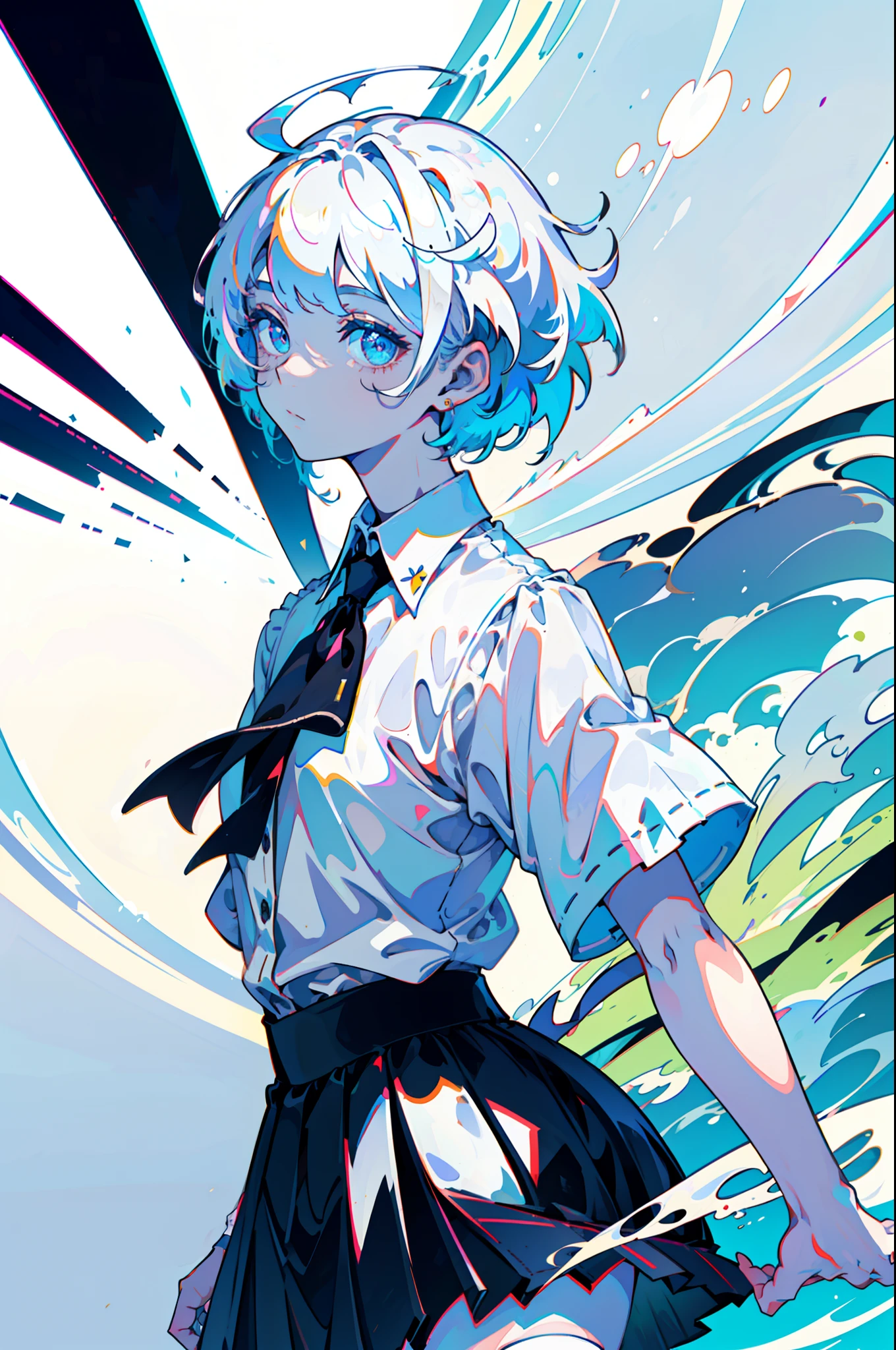 ((Masterpiece, Best quality)), (1girll), (Solo), (female focus), (ahoge, White hair, Short hair), Black eyes, ((White shirt), (Buttoned shirt)), ((Black skirt), (Short skirt)), standing, White background, arms back behind