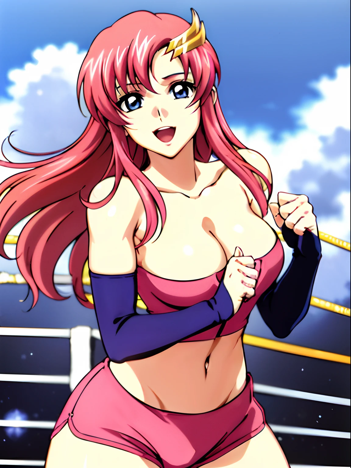 (((pink strapless wrestling outfit, gloves, pink shorts , slender body, long stomach, nice thighs, happy, gentle))), (masterpiece, standing , 4K, Best Quality, Anime style,, Adult Woman, ultra detailed face, (cloud background, wrestling), Drawing lines, high resolution, Anime, lacus4), 1girl, Solo, Long hair, 鎖骨, scapular, (Detailed wide hair bangs, Hair Ornament, Detailed reddish-pink hair, golden crest), cleavage, large hands, (pro female wrestler). (Big blue eyes, shiny eyes), ((female wrestler, little biceps, slender body, broad shoulders, closed fists, open mouth)), ((perfect proportions, medium breasts, cleavage, long belly)), (((mini strapless wrestling))),( looking at the viewer, gentle, smile),