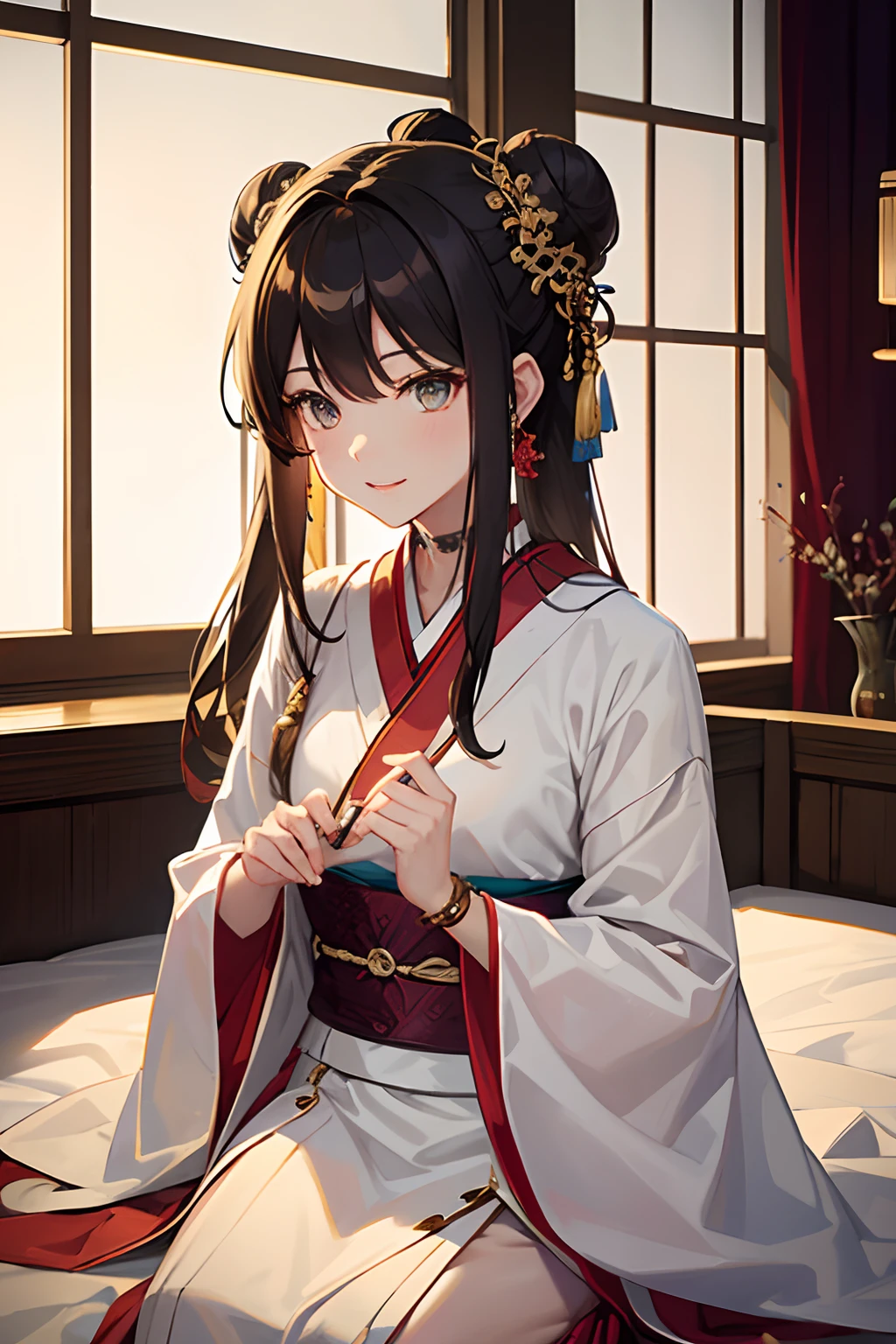 8K分辨率，Works of masters，超高分辨率，Exquisite facial features，s the perfect face，Girl，solo person，ssmile，long whitr hair，A brown-haired，Princess Roll，Bracelet，ear studs，eardrop，choker necklace，Bow hair ornament，feathers hair ornament，hair-bun，Hanfu，sitting  sideways，窗帘，Beds，Cinematic lighting，Contour light