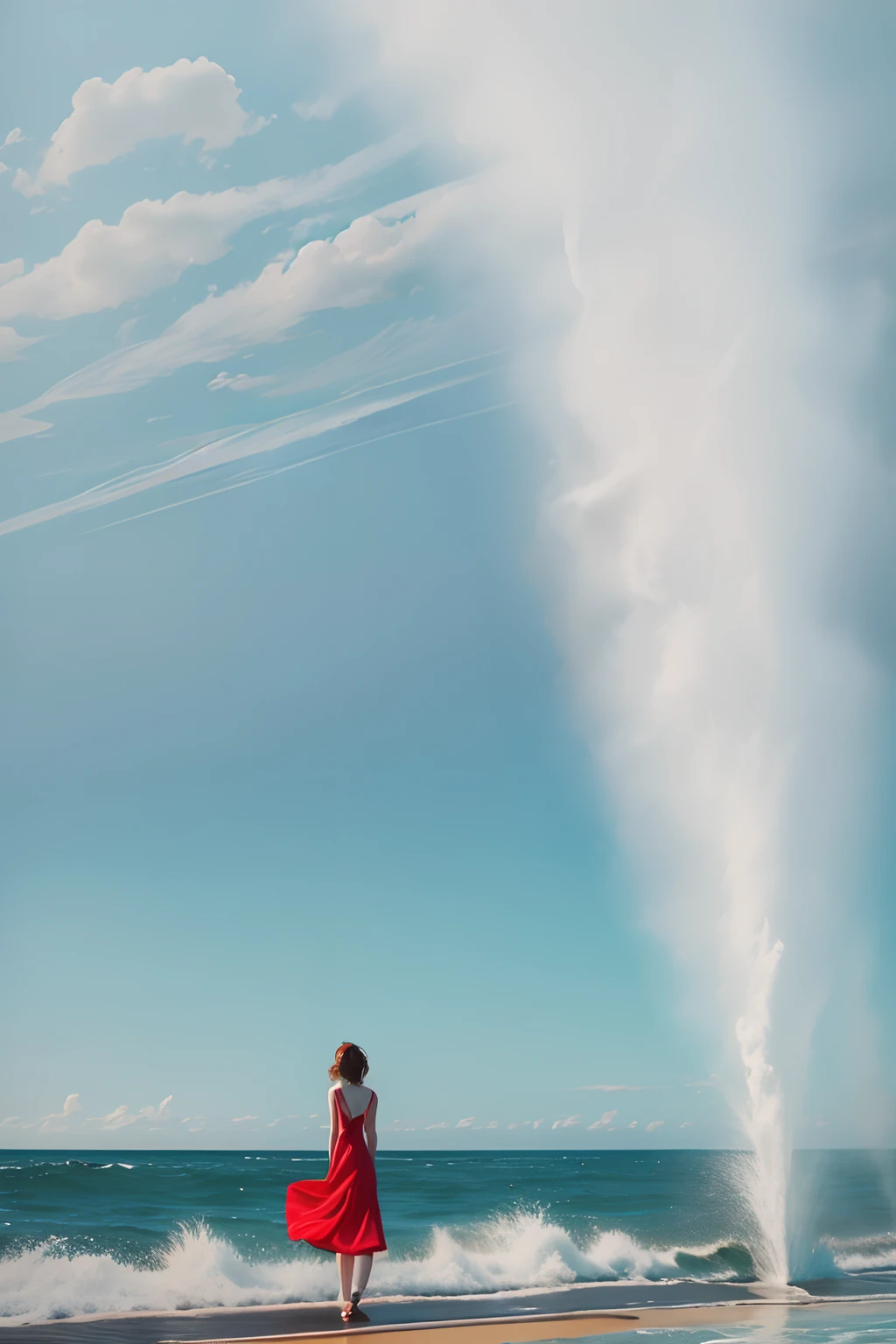 sea beach, spray, The back of a girl, Red dress, Blue sky.