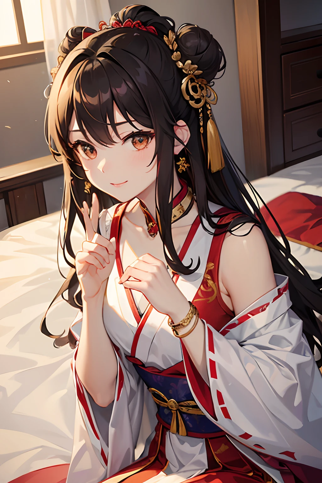 8K分辨率,Works of masters,超高分辨率,Exquisite facial features,s the perfect face,Girl,solo person,ssmile,long whitr hair,A brown-haired,Princess Roll,Bracelet,ear studs,eardrop,choker necklace,Bow hair ornament,feathers hair ornament,hair-bun,Hanfu,sitting sideways,窗帘,Beds,Cinematic lighting,Contour light