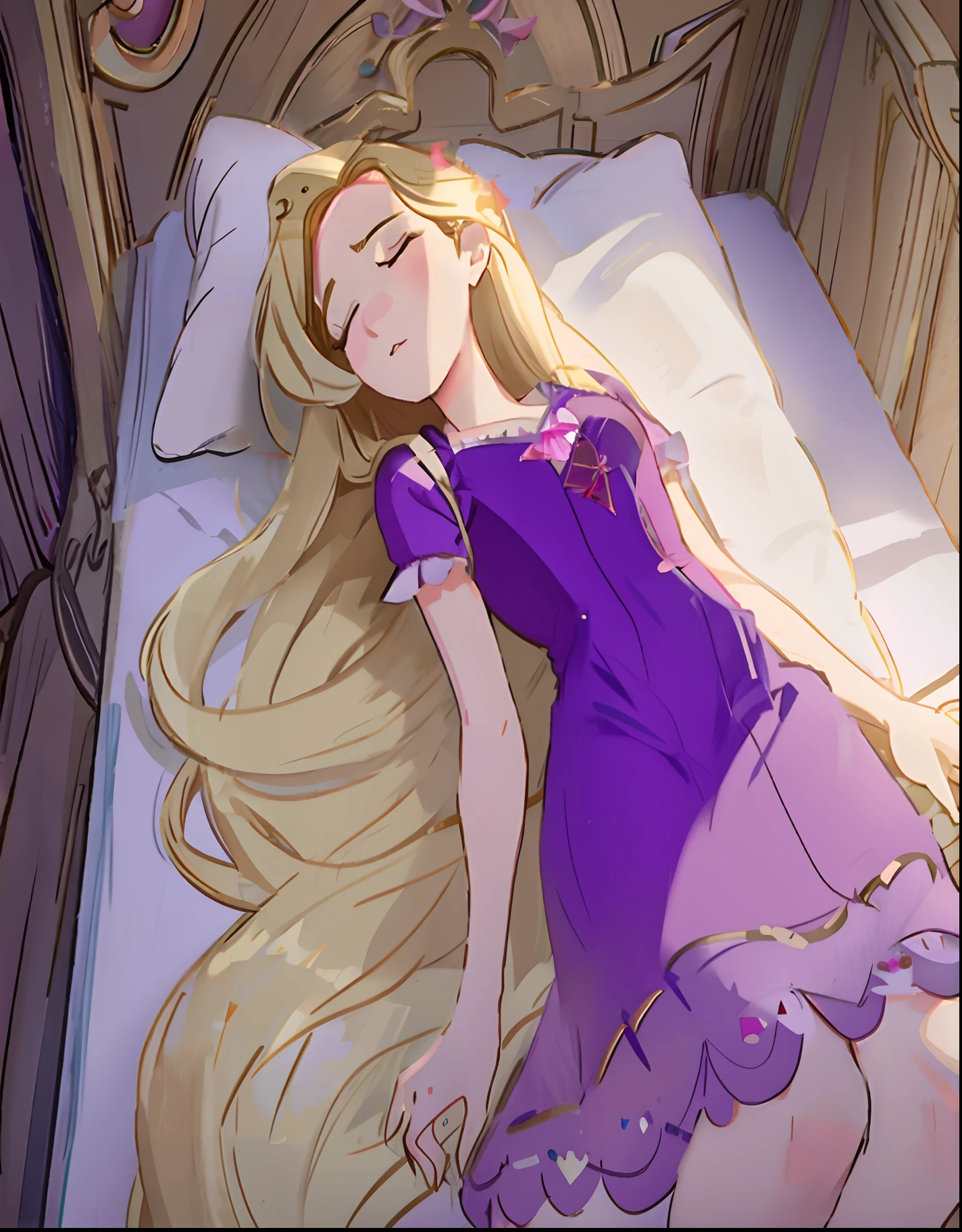 blond haired girl laying on bed with purple dress and white pillow, sleeping princess!!!!, sleeping beauty, rapunzel, disney art style, blonde - haired princess, lovely languid princess, tangled, sleeping beauty fairytale, disney concept art, disney 2d animation still, disney artstyle, in style of disney animation, ! dream artgerm, rapunzel, purple princess outfit loose_hair: 1.2