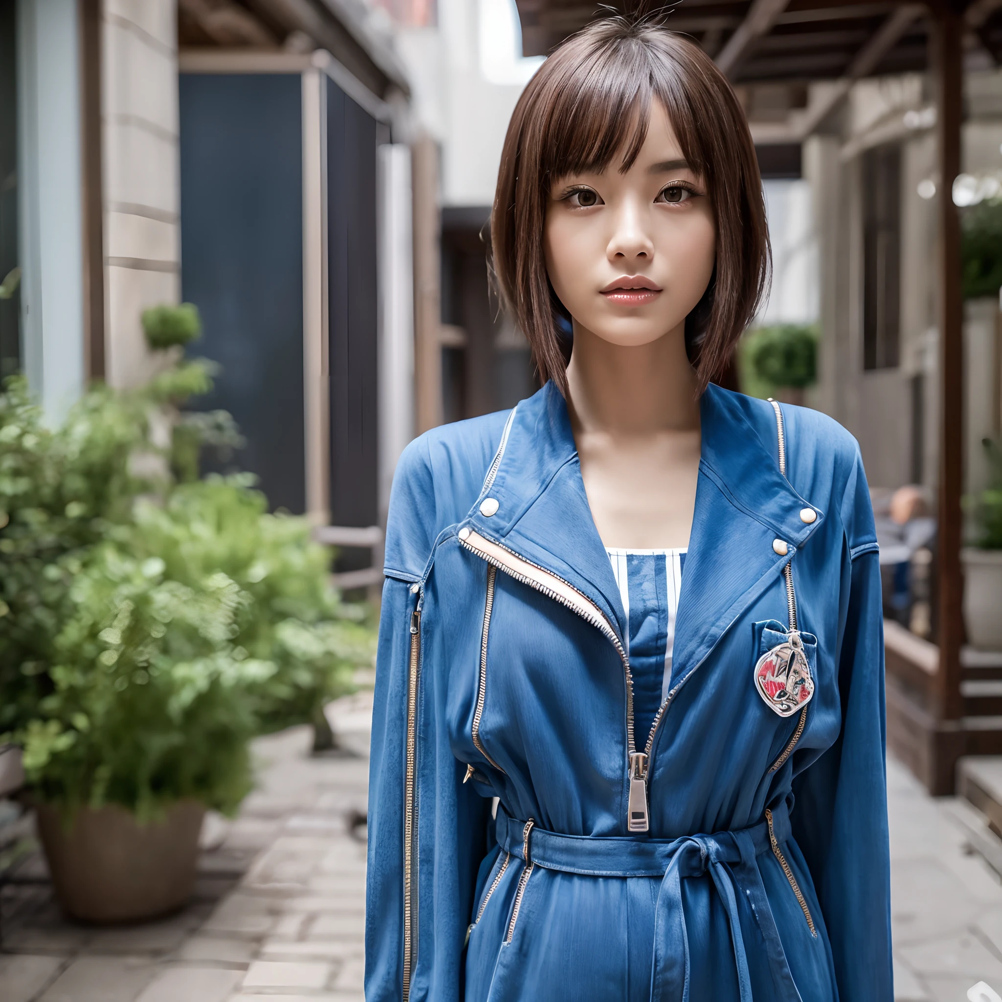 (Best Quality, 8K, masutepiece, Ultra HD: 1.3), 1girl in,Wolfcut,cocky,Facial expressions inviting a man,Glossy,slender body shape,Delicate lips,beautidful eyes,二重まぶた,Blue jumpsuit,Zipper open to below the navel,Show off your,Fine-grained,High Reality,hiquality,sensitive,hight resolution,Without discomfort,Lively