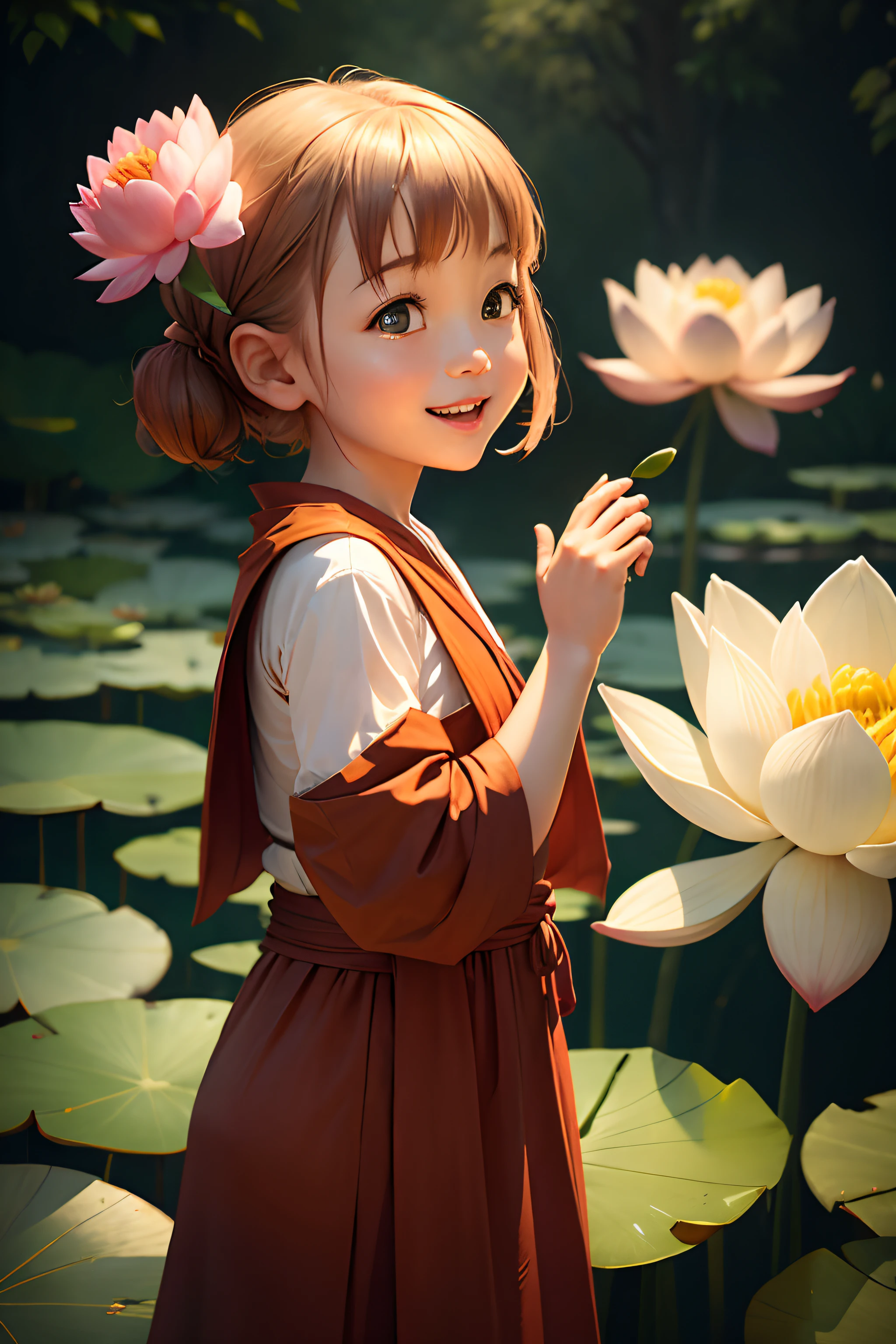 A monk is happily looking at a blooming lotus flower,1080P,having fun,rejoice