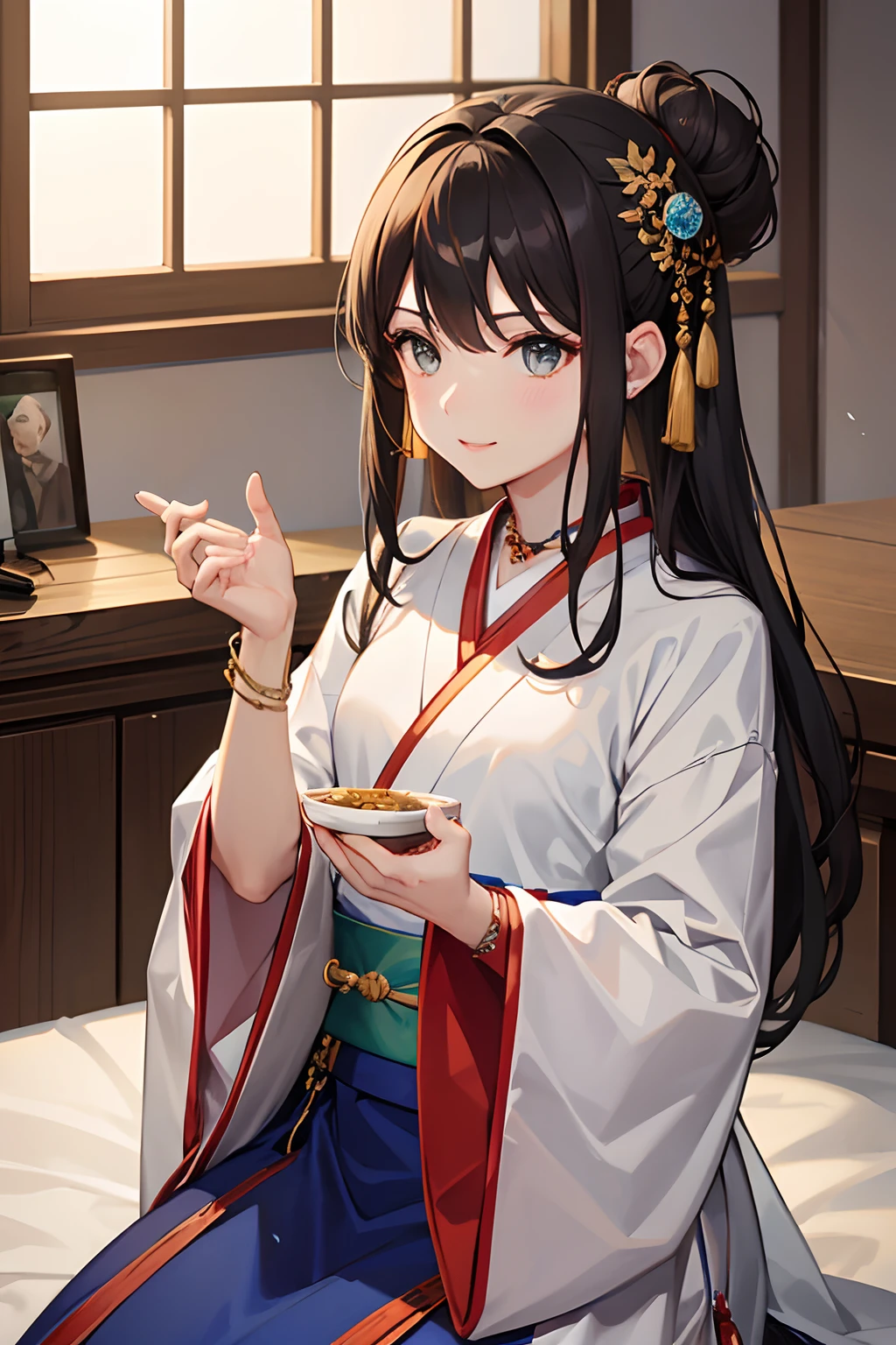 8K分辨率,Works of masters,超高分辨率,Exquisite facial features,s the perfect face,Girl,solo person,ssmile,long whitr hair,A brown-haired,Princess Roll,Bracelet,ear studs,eardrop,choker necklace,Bow hair ornament,feathers hair ornament,hair-bun,Hanfu,sitting sideways,窗帘,Beds,Cinematic lighting,Contour light