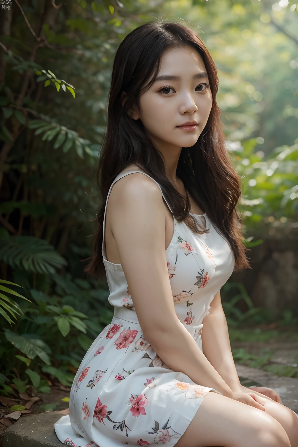 Beautiful woman walking in the forest, Big breasts, Slim, White skin,(In front of you:1.2), Smiling Korean Woman, Young sensual woman,Young skinny, ((Best Quality, 8K, Masterpiece: 1.3)), (happiness: 1.3), focusing: 1.2, Perfect Body Beauty: 1.4, butt: 1.3, (Big Wave: 1.5)), , (Street: 1.1), Highly detailed face and skin texture, Delicate eyes, Double eyelids, Whitened skin, Long hair, (Round face: 1.5), , (floral dress: 1.6)(Legs spread apart:1.1),,(sitting pose:1.1),Close-up of a woman with long hair, kwak ji young, Songs inspired by Tang Sin Yun Sandara, female actress from korea, jaeyeon nam, Lee Ji-eun, Izzy-silver(Lee Ji - Eun), Korean Woman, Normal number (Sangsoo Jeong), heonhwa choe, beautiful south korean woman, hwang se - on