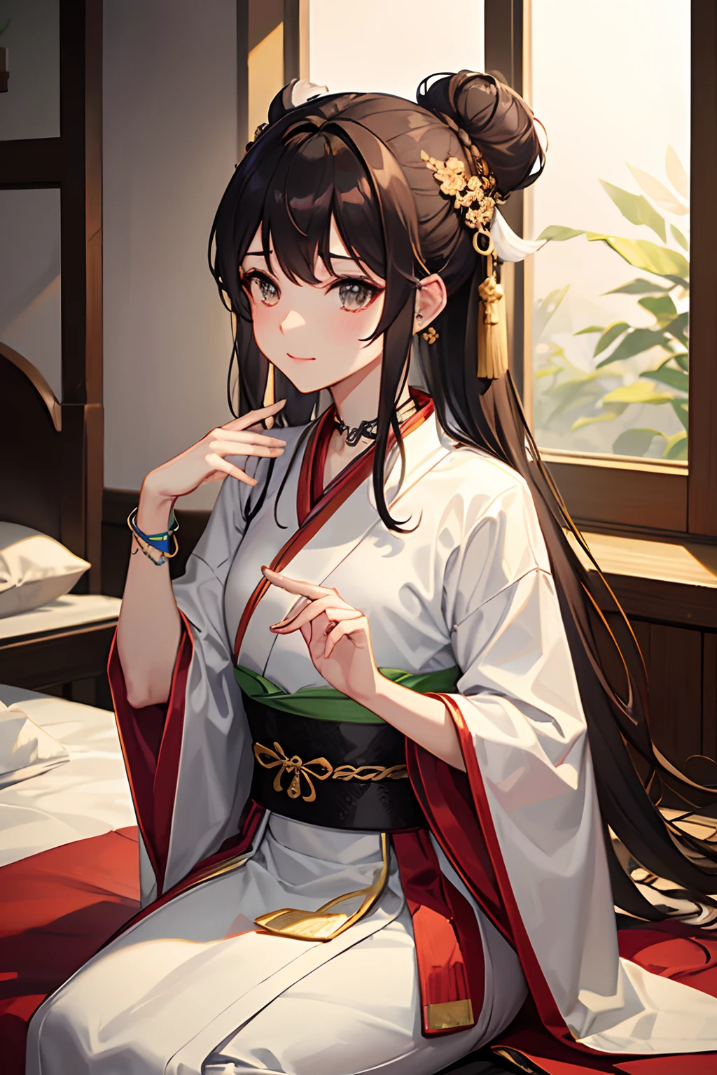 8K分辨率，Works of masters，超高分辨率，Exquisite facial features，s the perfect face，Girl，solo person，ssmile，long whitr hair，A brown-haired，Princess Roll，Bracelet，ear studs，eardrop，choker necklace，Bow hair ornament，feathers hair ornament，hair-bun，Hanfu，sitting  sideways，窗帘，Beds，Cinematic lighting，Contour light