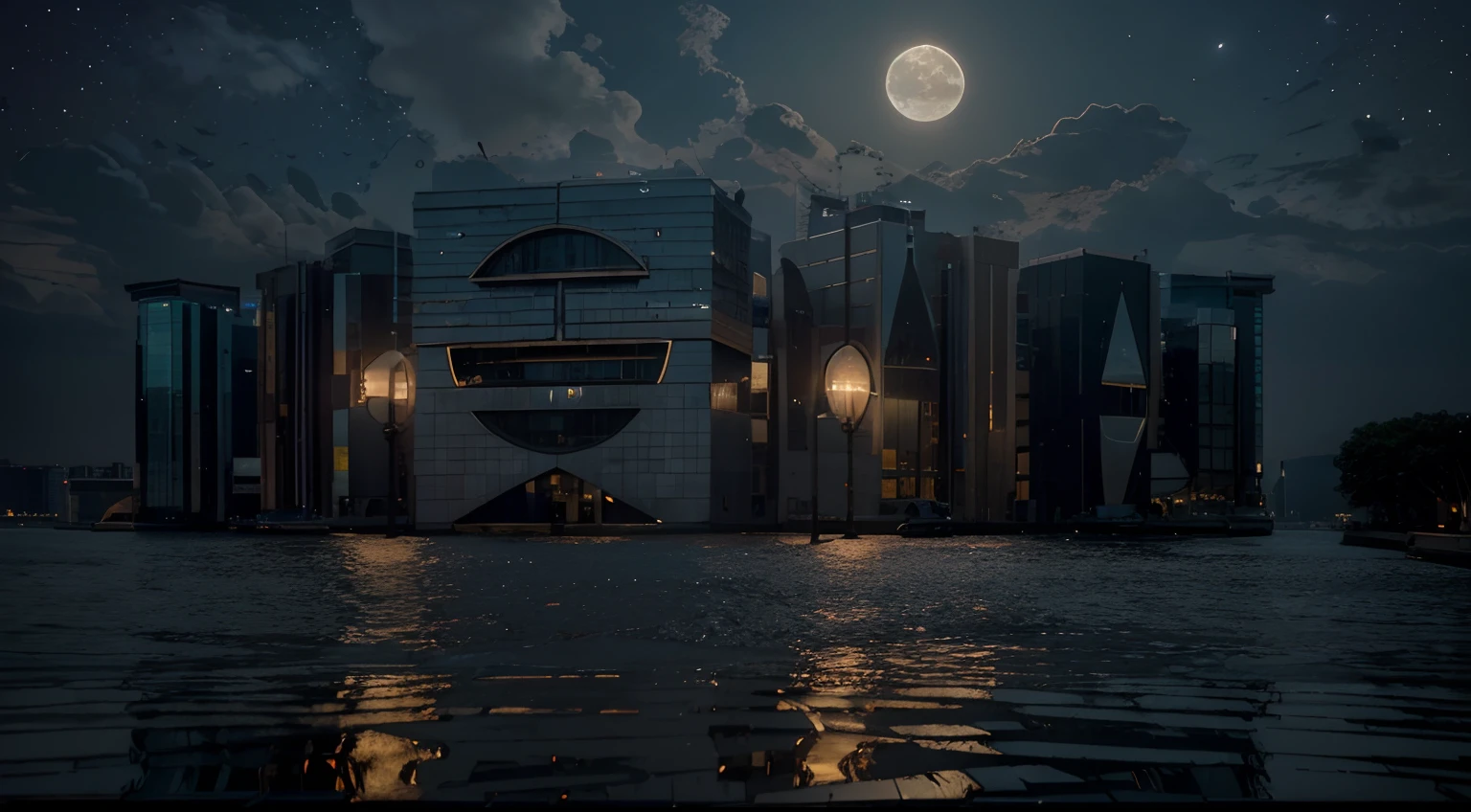 (best quality,8k,highres,masterpiece:1.2),ultra-detailed,(realistic,photorealistic,photo-realistic:1.37),beautiful building,night view,cityscape,glowing lights,countless windows,towering skyscraper,reflection in the water,glistening stars and moonlit sky,impressive architecture,ornate details,city that never sleeps,vibrant colors,shadows and highlights,dynamic composition,striking contrast,dramatic atmosphere,quiet streets,serene ambiance