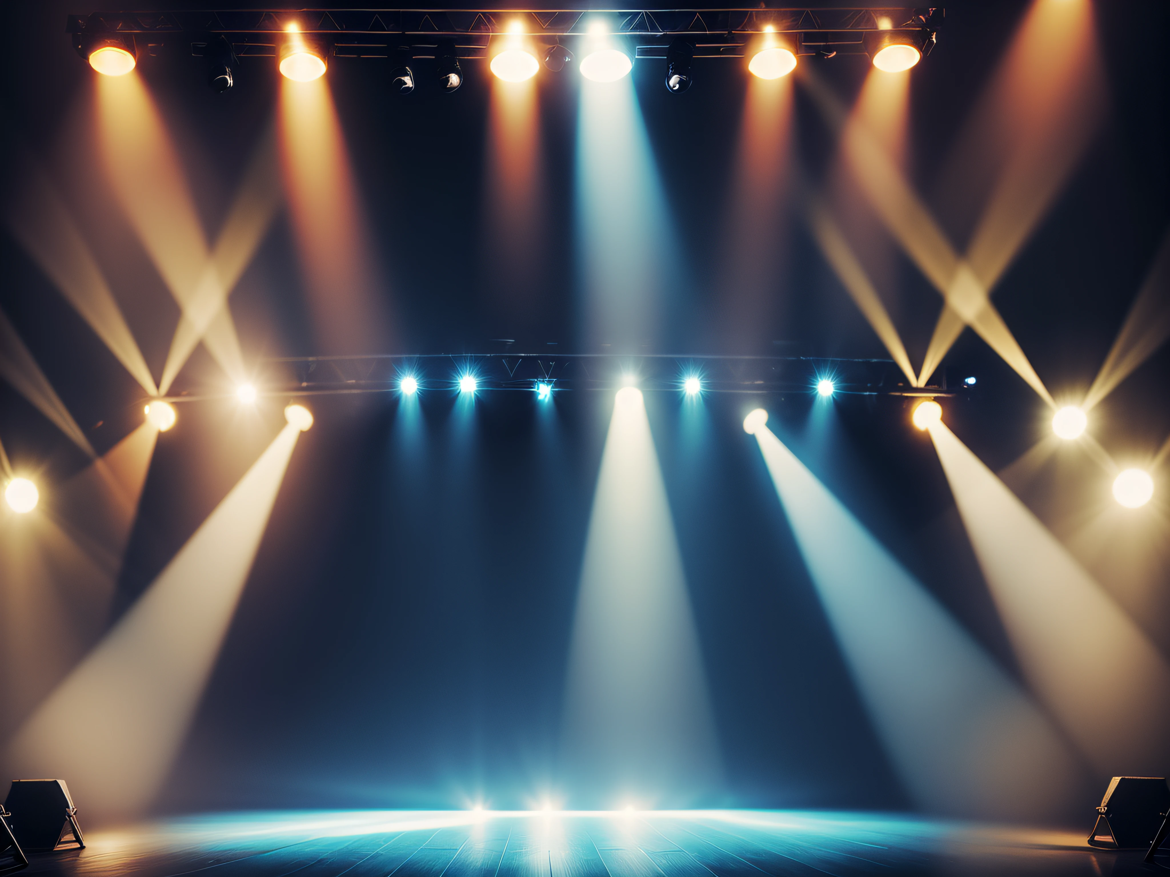 An empty stage club with blue and yellow bright stage lights and lights beams through a smokey atmosphere background