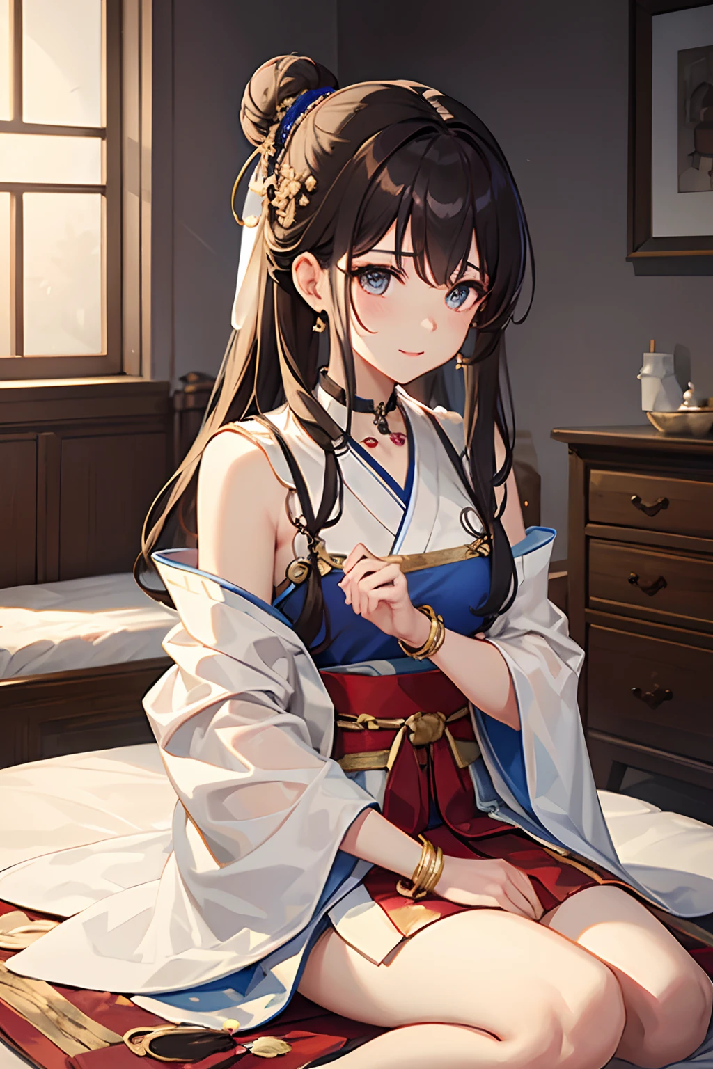 8K分辨率，Works of masters，超高分辨率，Exquisite facial features，s the perfect face，Girl，solo person，ssmile，long whitr hair，A brown-haired，Princess Roll，Bracelet，ear studs，eardrop，choker necklace，Bow hair ornament，feathers hair ornament，hair-bun，Hanfu，sitting  sideways，窗帘，Beds，Cinematic lighting，Contour light