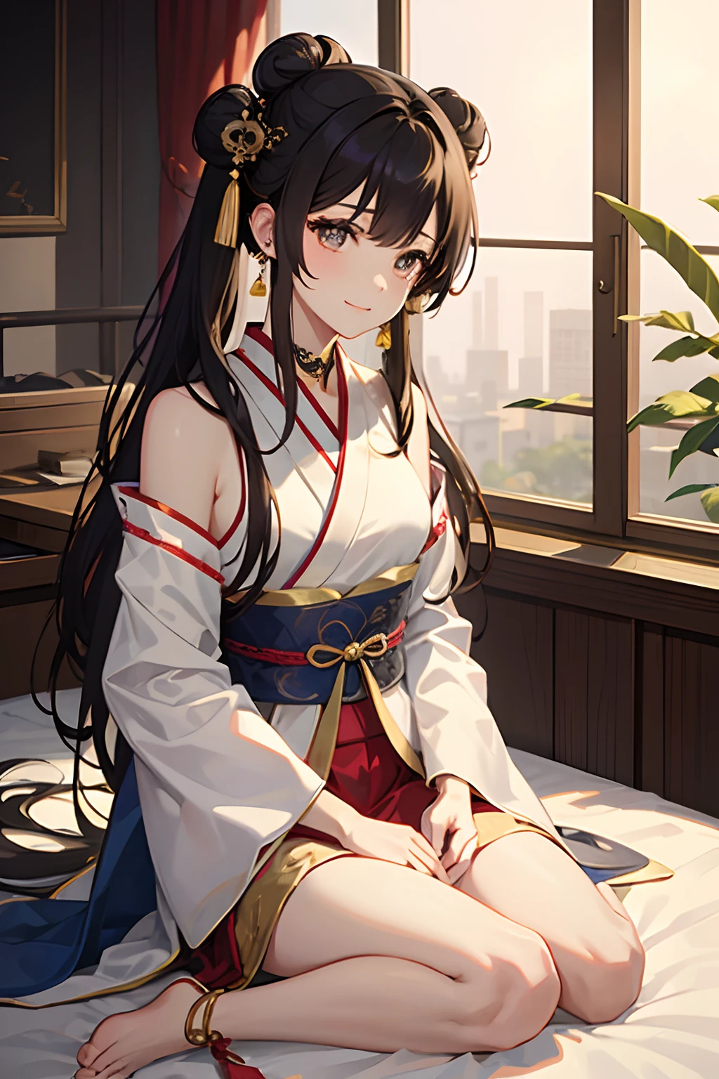 8K分辨率，Works of masters，超高分辨率，Exquisite facial features，s the perfect face，Girl，solo person，ssmile，long whitr hair，A brown-haired，Princess Roll，Bracelet，ear studs，eardrop，choker necklace，Bow hair ornament，feathers hair ornament，hair-bun，Hanfu，sitting  sideways，窗帘，Beds，Cinematic lighting，Contour light