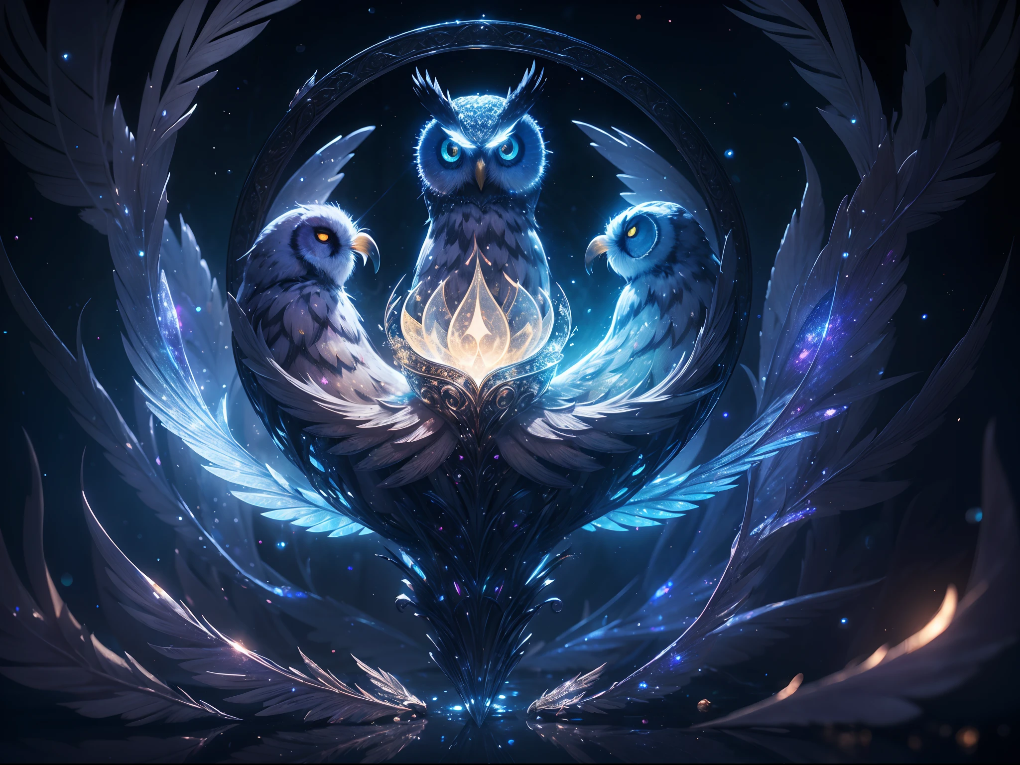 (Absurdres:1.2), exquisitely detailed Owl, night aura, ethereal, Occult, surreal art, Shimmer, approaching perfection, ultra high quality, bokeh, reflective materials, shadows, volumetric lighting, 8k resolution, illustration