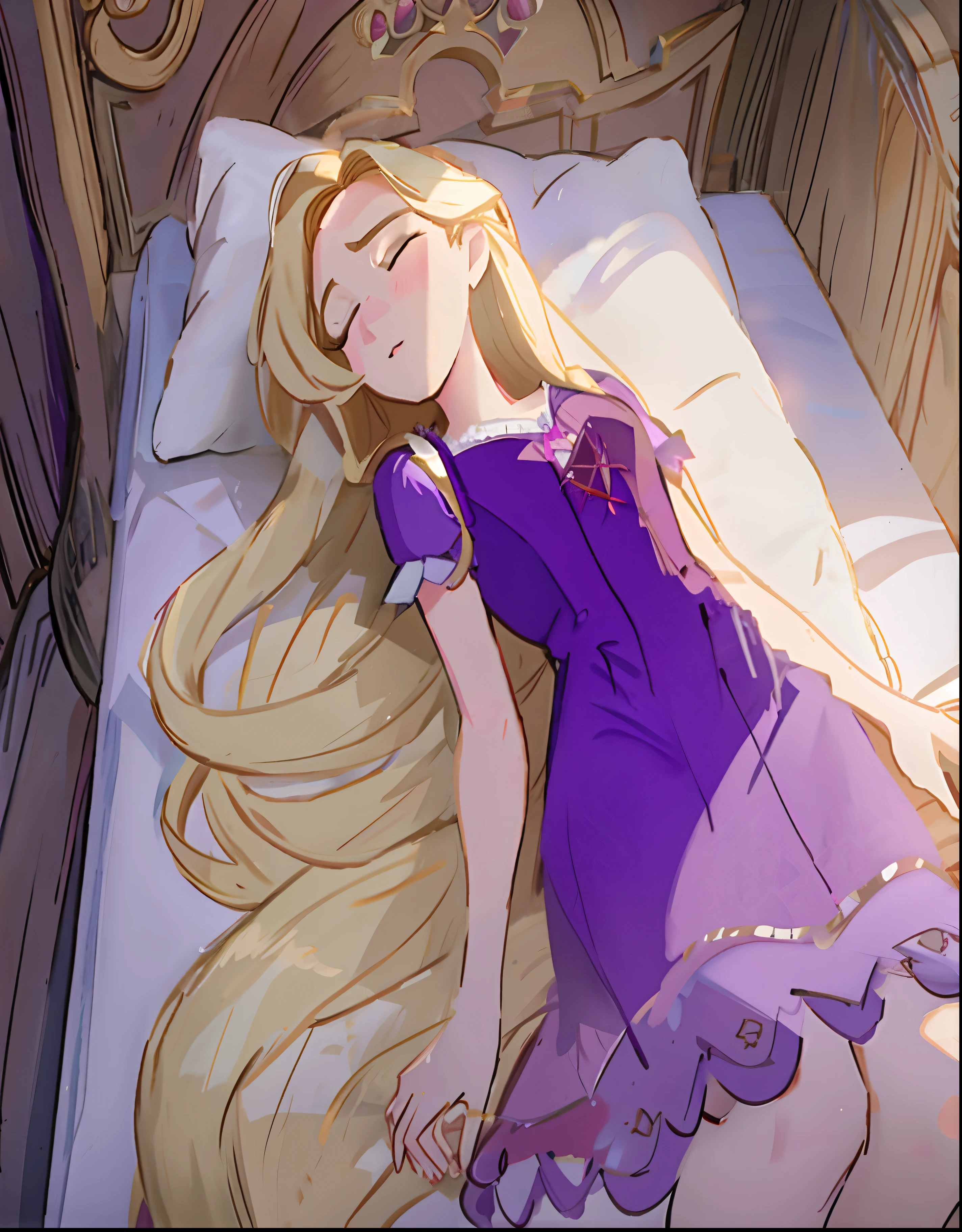 blond haired girl laying on bed with purple dress and white pillow, sleeping princess!!!!, sleeping beauty, rapunzel, disney art style, blonde - haired princess, lovely languid princess, tangled, sleeping beauty fairytale, disney concept art, disney 2d animation still, disney artstyle, in style of disney animation, ! dream artgerm, rapunzel, purple princess outfit loose_hair: 1.2