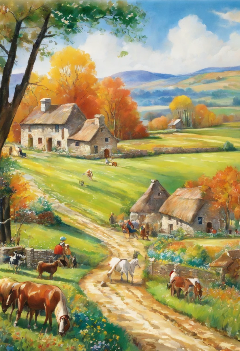 painting on cotton canvas, ((Pierre-Auguste Renoir)) "family working on the farm, ((horses, cows, sheep, chickens)) trees, mountains, late afternoon sun" without watermark (- -texture:1 clay - Glue): (--grain-amount : quantity = 0.1 - 1.0): oil paint (high resolution photo art) (--high resolution), 3d, (--symmetrical - contours:2), (--perfect - aspect ratio:2)