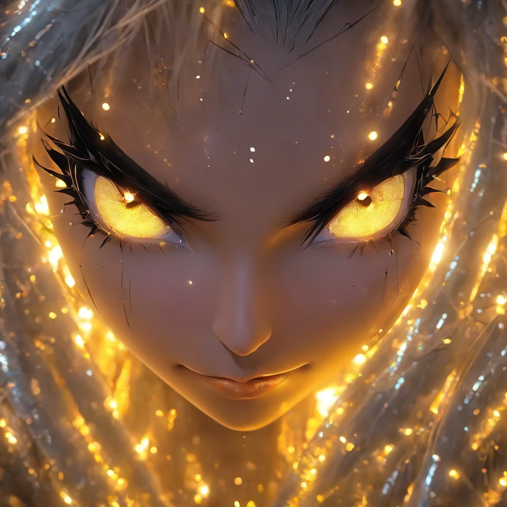 Ведьмa🍃 фэнтези реализм, Filigree, surrealism, Mysticism, ultradetail, Professional photo, 4k, Black Neon, Bria is a dark elf of mystical beauty, elf ears, snow-white hair, Lush bust, Black thin transparent spider web on the body, tinsel, Glitter, Focus on the face, Macro Glossy Makeup, Dark background, Expressive yellow eyes, Grey Leather, Gothic, dark fantasy, ultra realistic, metamorphoses,hypersexy, Clear Focus, 100 ISO, digital portrait, 3D