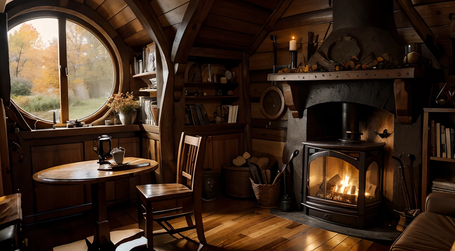 a cozy hobbit house, with two side fireplace , big rounded hobbit window, there's a table with coffee and a cup of coffee and a big candle, bookshelf in wall, in a autumn rainy day out