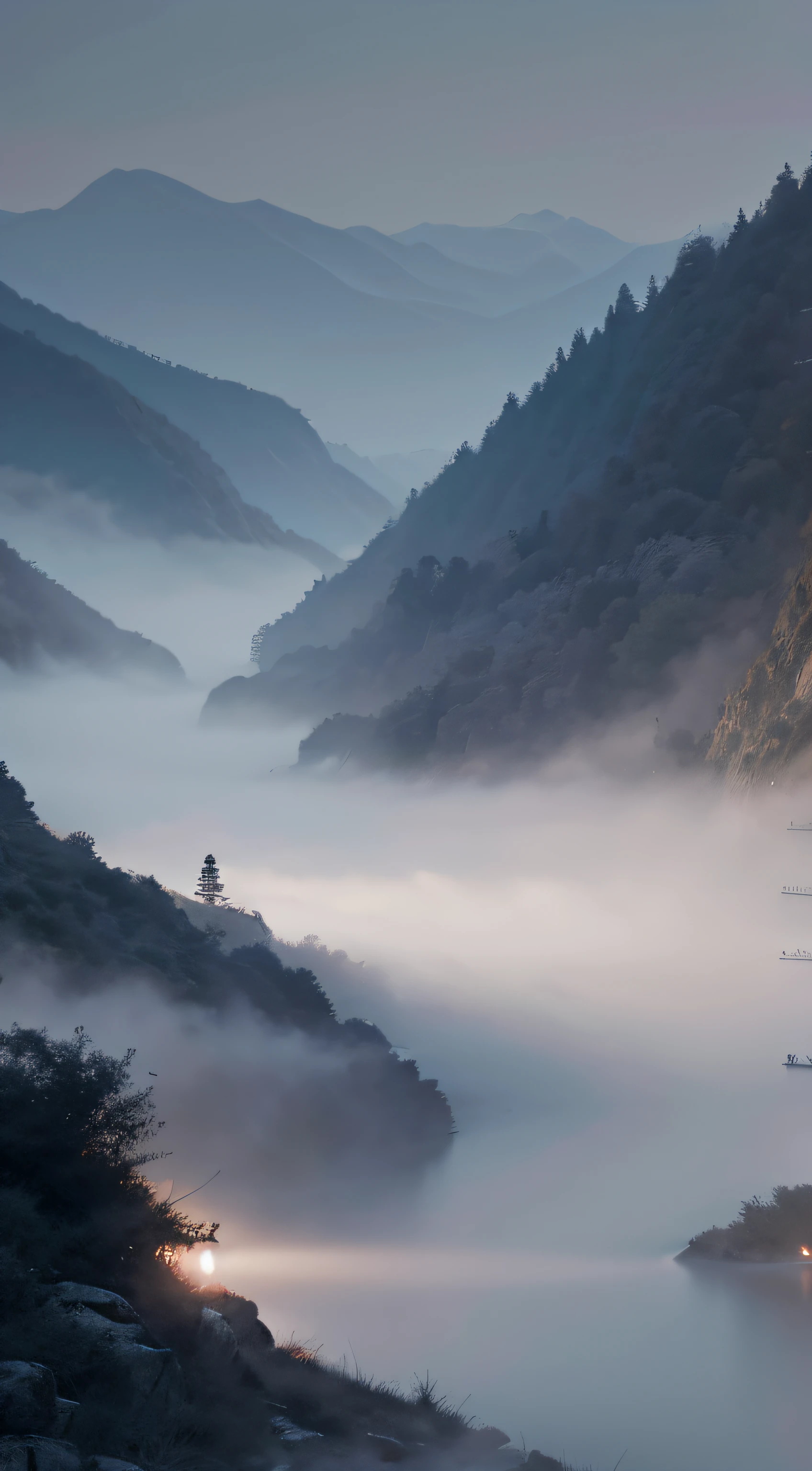River image of white mountains, In oriental style, Monochromatic contemplation, dreamlike illustration, confucian ideology, Light navy blue and gray, 2D game art, Mist