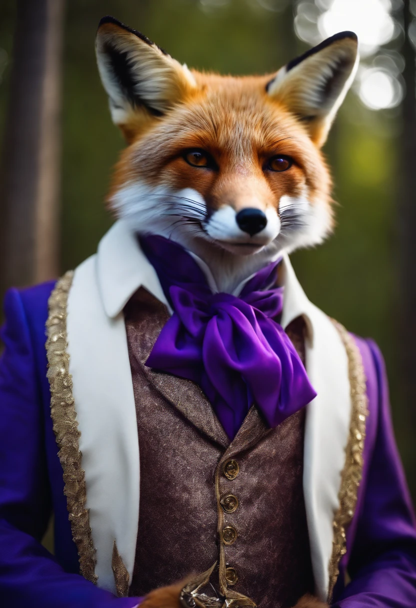 Photo realistic ultra hd fox coat blue and purple imposing with white suit purple cuirass wearing glasses forest background arms crossed