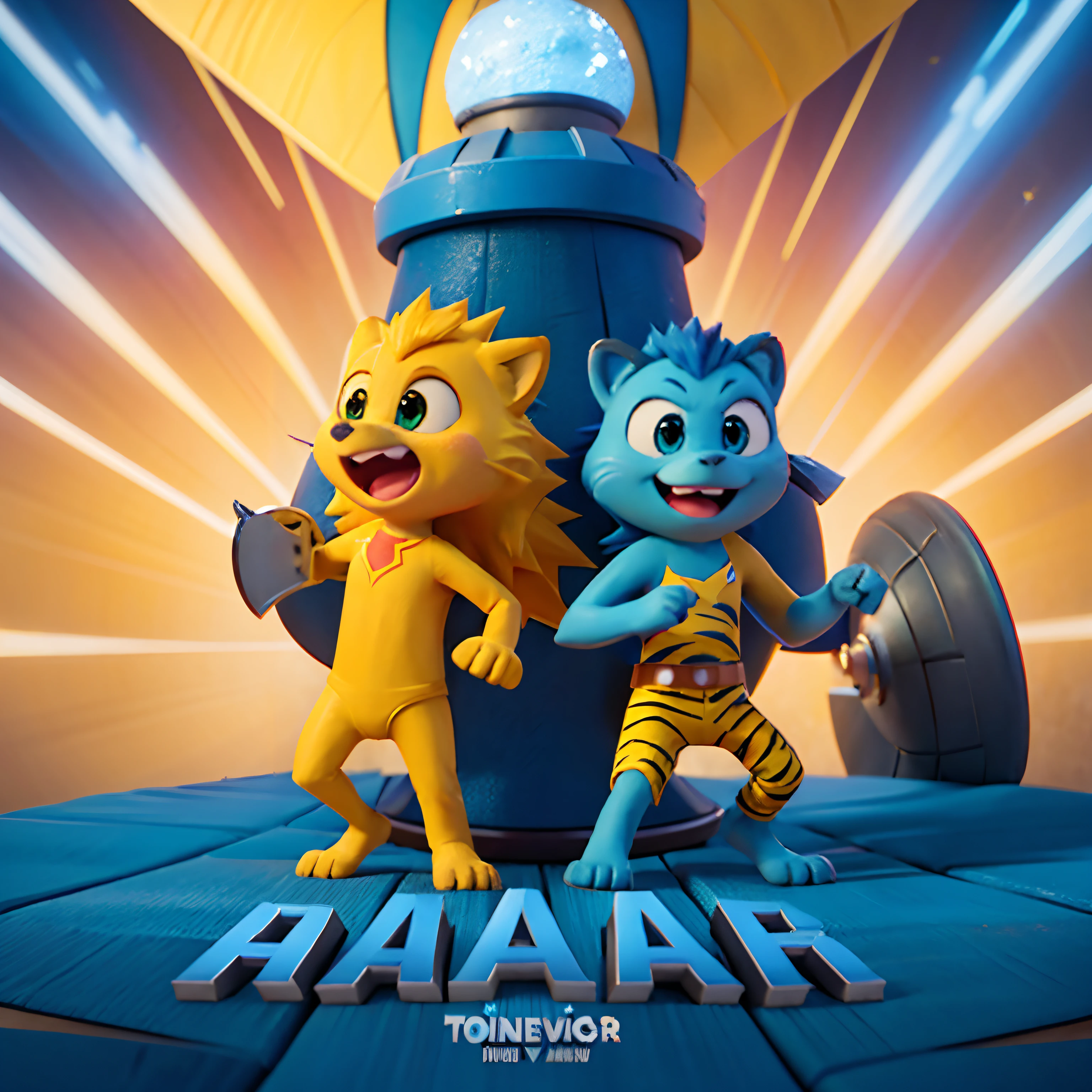 a movie poster by Disney pixar spotting a tech related movie , the name of this movie is "raja langit" and is spotted at the bottom of the poster ,3d render, there is a yellow hedgehog and a blue tiger facing each other fighting,The effect on the poster is a yellow lightning bolt, winning the championship