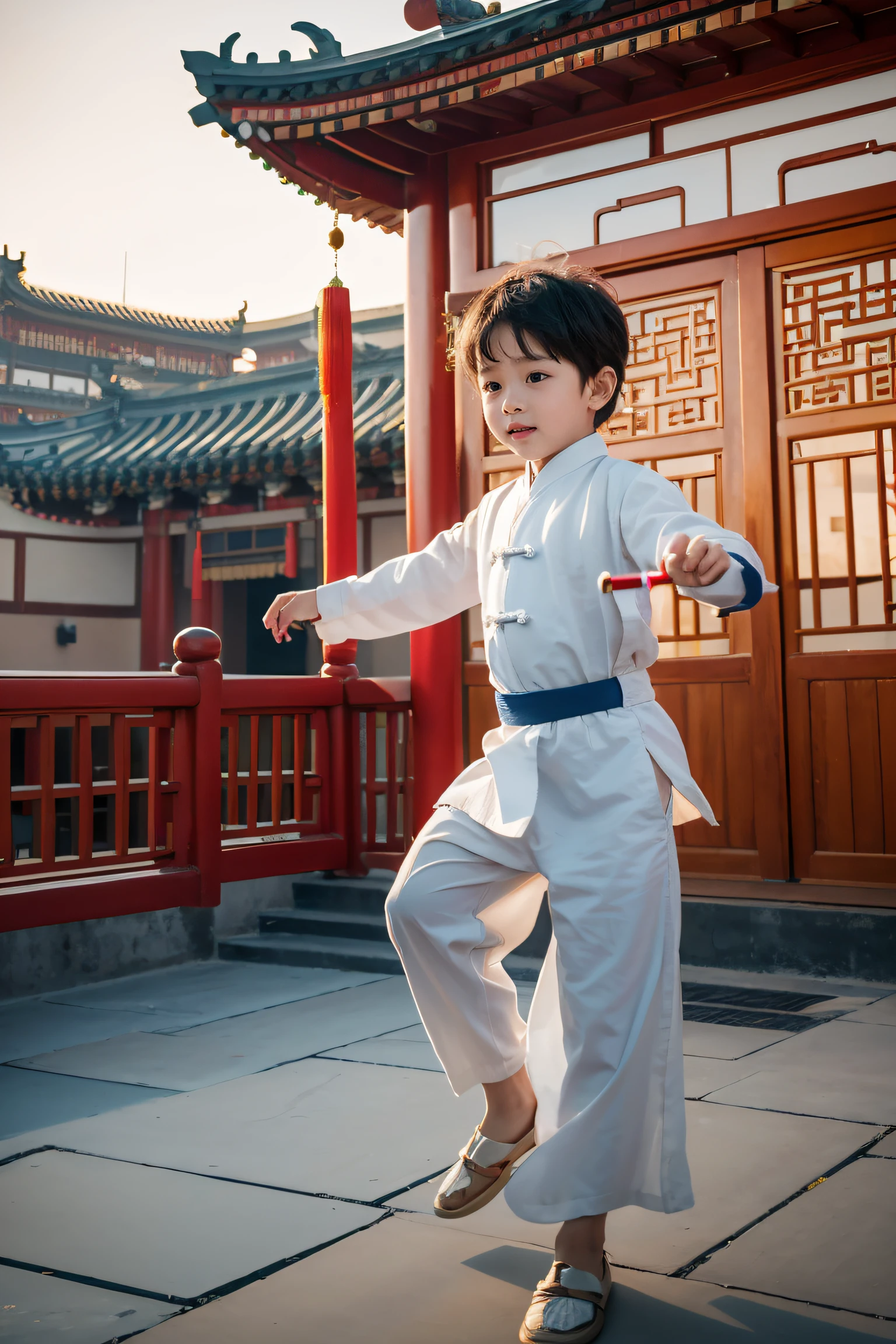 8K, RAW photo, Best quality, Masterpiece:1.2),(Realistic, photo-realistic:1.37),A dancing a sword with colorful flights,Traditional Chinese architectural background,China-style,