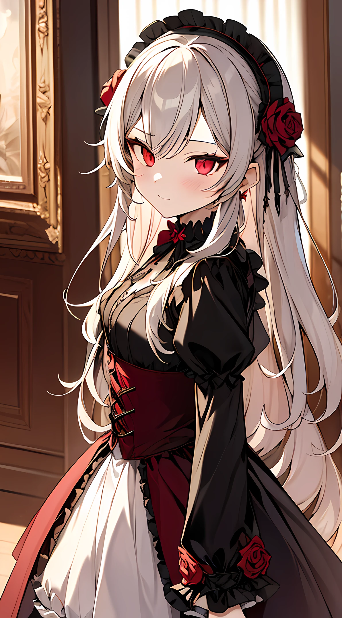 eirudy_\(springwitch3\),masterpiece,1girl,red ruby eyes,gothic lolita,hallway,absurdres,high res, ultrasharp, 8K, masterpiece, looking at viewer