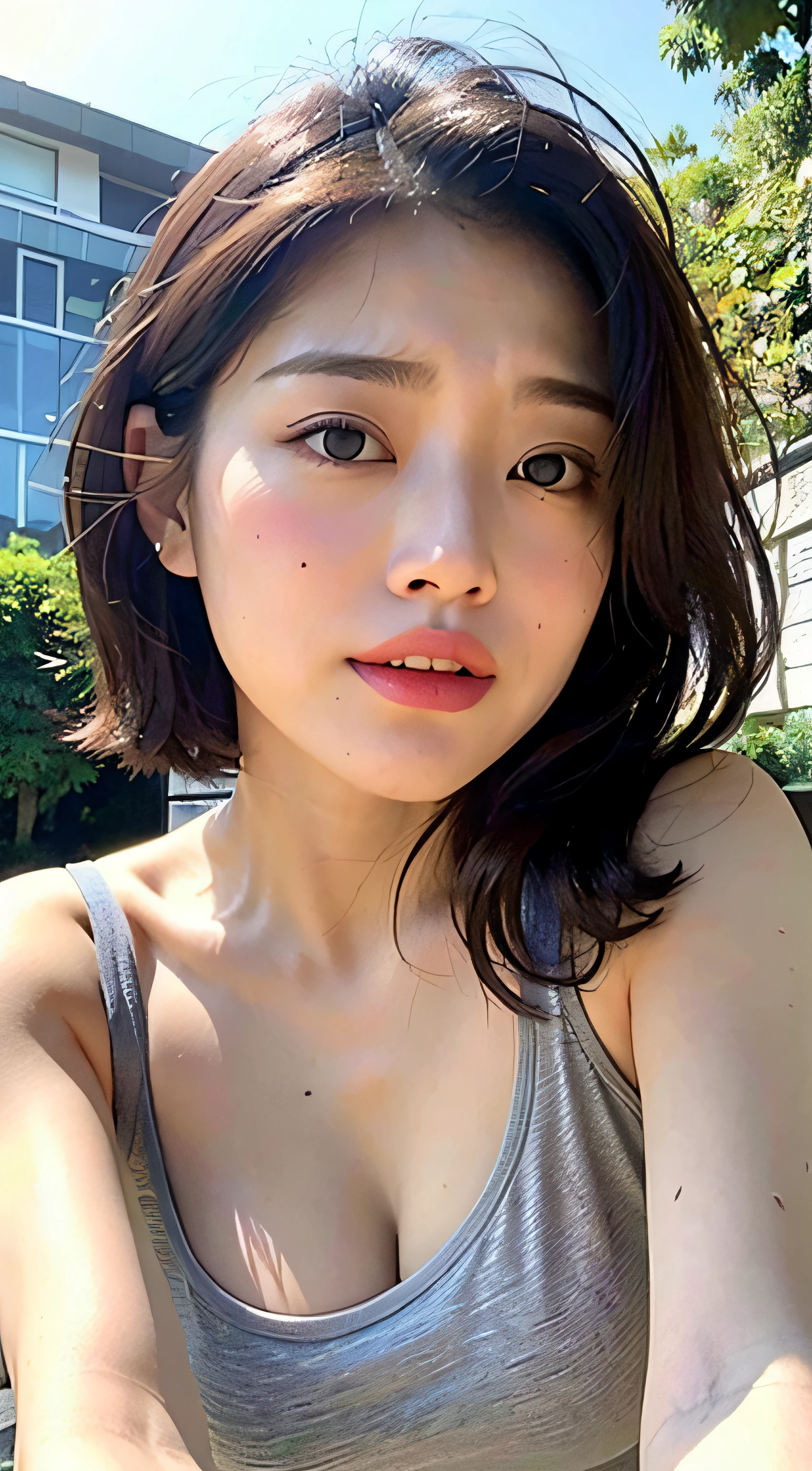 (Top Quality, 8K, 32 k, masterpiece, UHD:1.2),Photo of Pretty Japanese woman, A dark-haired, beautifull face,(leaning forward:1.3),squating,(from above:1.2),(close-up:1.4),POV,loose T-shirt,large full breasts,(Beautiful nipple slip:0.9),plein air,The wind is blowing,,sparkly skin,blured background, Hot summer, sweatdrops,