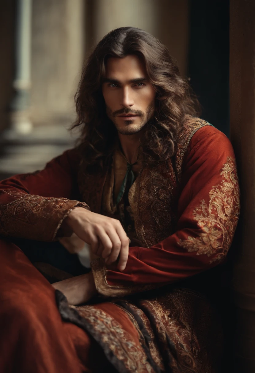 Long-haired handsome man wearing old clothes