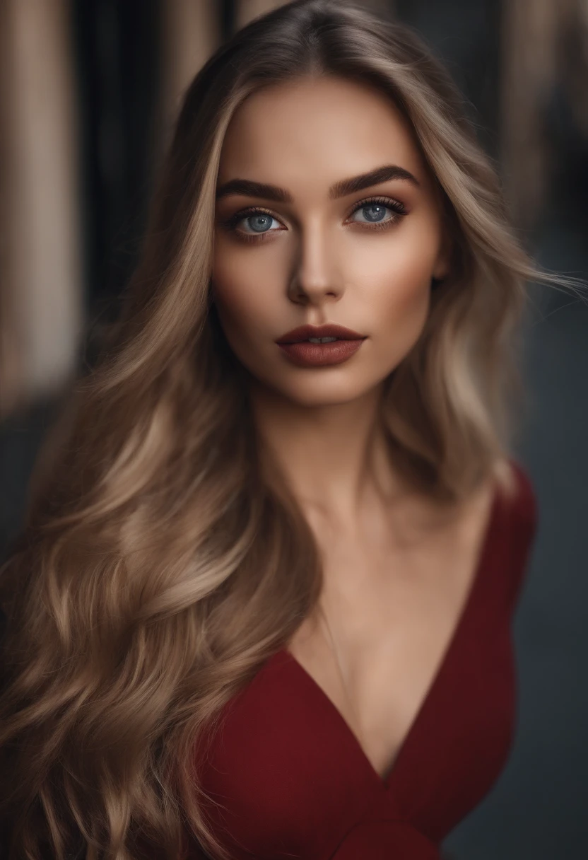 Arafed woman completely , fille sexy aux yeux bleus, ultra realist, Meticulously detailed, Portrait Sophie Mudd, cheveux blonds et grands yeux, selfie of a young woman, Yeux de chambre, Violet Myers, sans maquillage, maquillage naturel, looking straight at camera, Visage avec Artgram, Maquillage subtil, Superb photo of the body walking down the street in a red dress that reveals intimate Bust medium to large, soutien-gorge de sport et legging