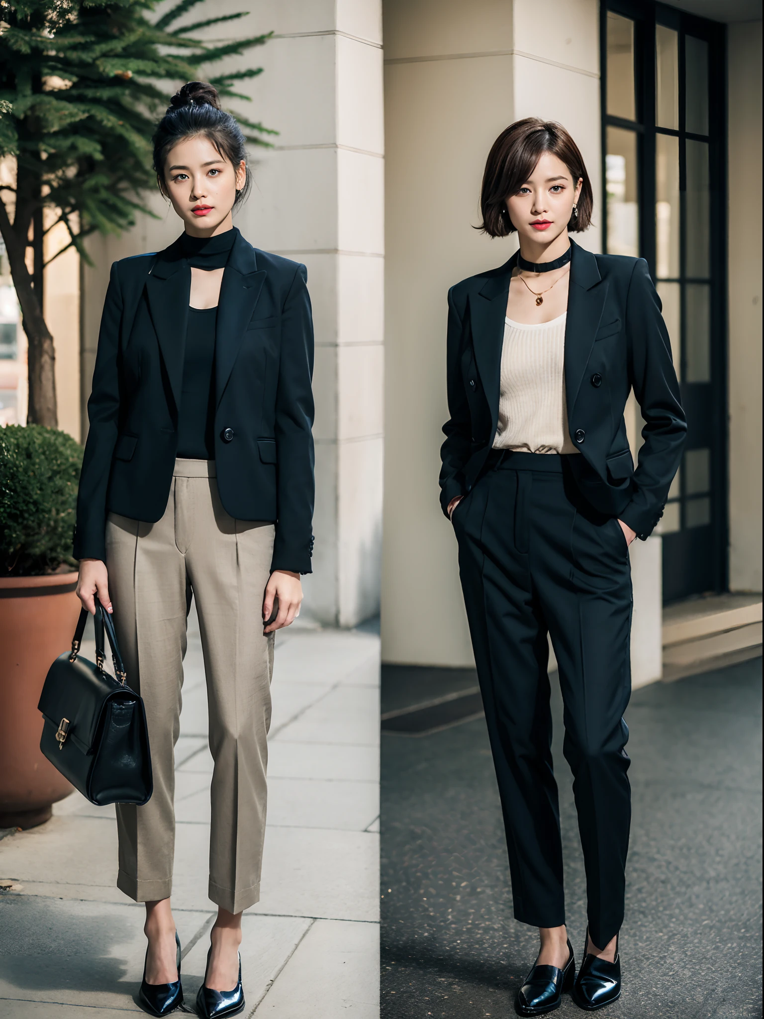 (RAW photo:1.2), (Photorealistic:1.4),Beautiful detailed woman,very detailed eyes and faces, A detailed eye, ultra - detailed,A high resolution, The is very detailed,best qualtiy,illustratio,unified,8k 壁纸,tmasterpiece,best qualtiy,1girll,full bodyesbian, 1girll,Solo,trouser,blackfootwear,Bao,Black pantsuit,jewely,brown hair,carryng bag,Fashionab,full bodyesbian,jaket,carryng bag,are standing,short detailed hair,耳Nipple Ring,hands in a pocket,Footwear,choker necklace,high-necksweater