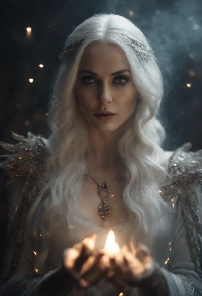 Fire Mage, white colored hair, in wet tight-fitting clothes, Tatoo,macabre, E fractal, higly detailed, Horror, hyper-detailing , in full height, Mysticism,fantasy, mythology,Sparkles, Dark light, Long, Professional photo, is beautiful,3d, Realistic,cgi, hyper realisitc, f/16, 1/100s, Huge eyes, Languid look, 4k, Aesthetically pleasing, f/2.8, 1/250s, 30mm