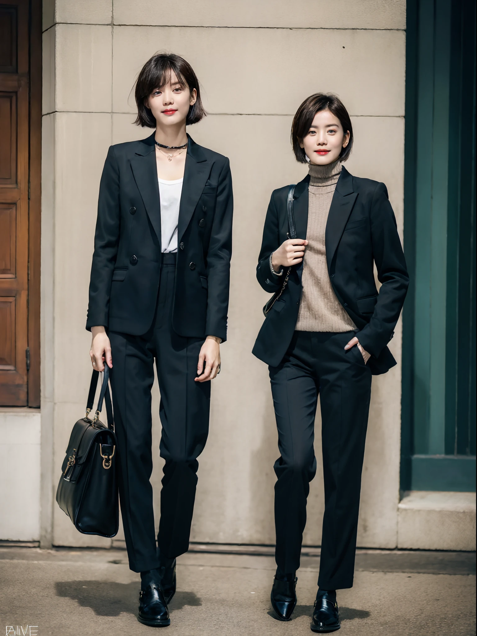 (RAW photo:1.2), (Photorealistic:1.4),Beautiful detailed woman,very detailed eyes and faces, A detailed eye, ultra - detailed,A high resolution, The is very detailed,best qualtiy,illustratio,unified,8k 壁纸,tmasterpiece,best qualtiy,1girll,full bodyesbian, 1girll，Solo，trouser，blackfootwear，Bao，Black pantsuit，jewely，brown  hair，carryng bag，Fashionab，full bodyesbian，jaket，carryng bag，are standing，short detailed hair，耳Nipple Ring，hands in a pocket，Footwear，choker necklace，high-necksweater