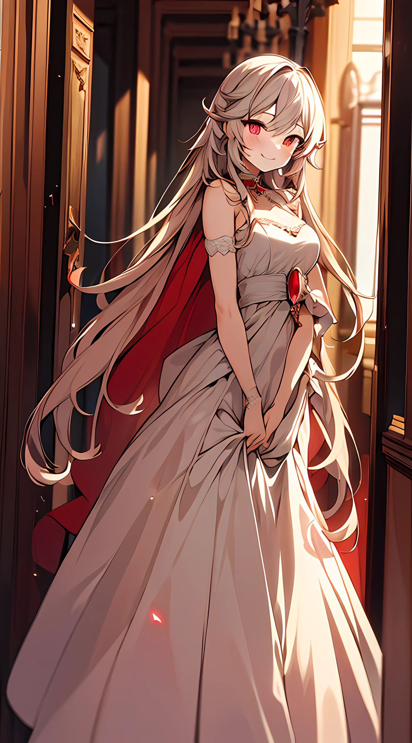 eirudy_\(springwitch3\),masterpiece,1girl,red ruby eyes,smile,bridal dress,hallway,absurdres,high res, ultrasharp, 8K, masterpiece, looking at viewer