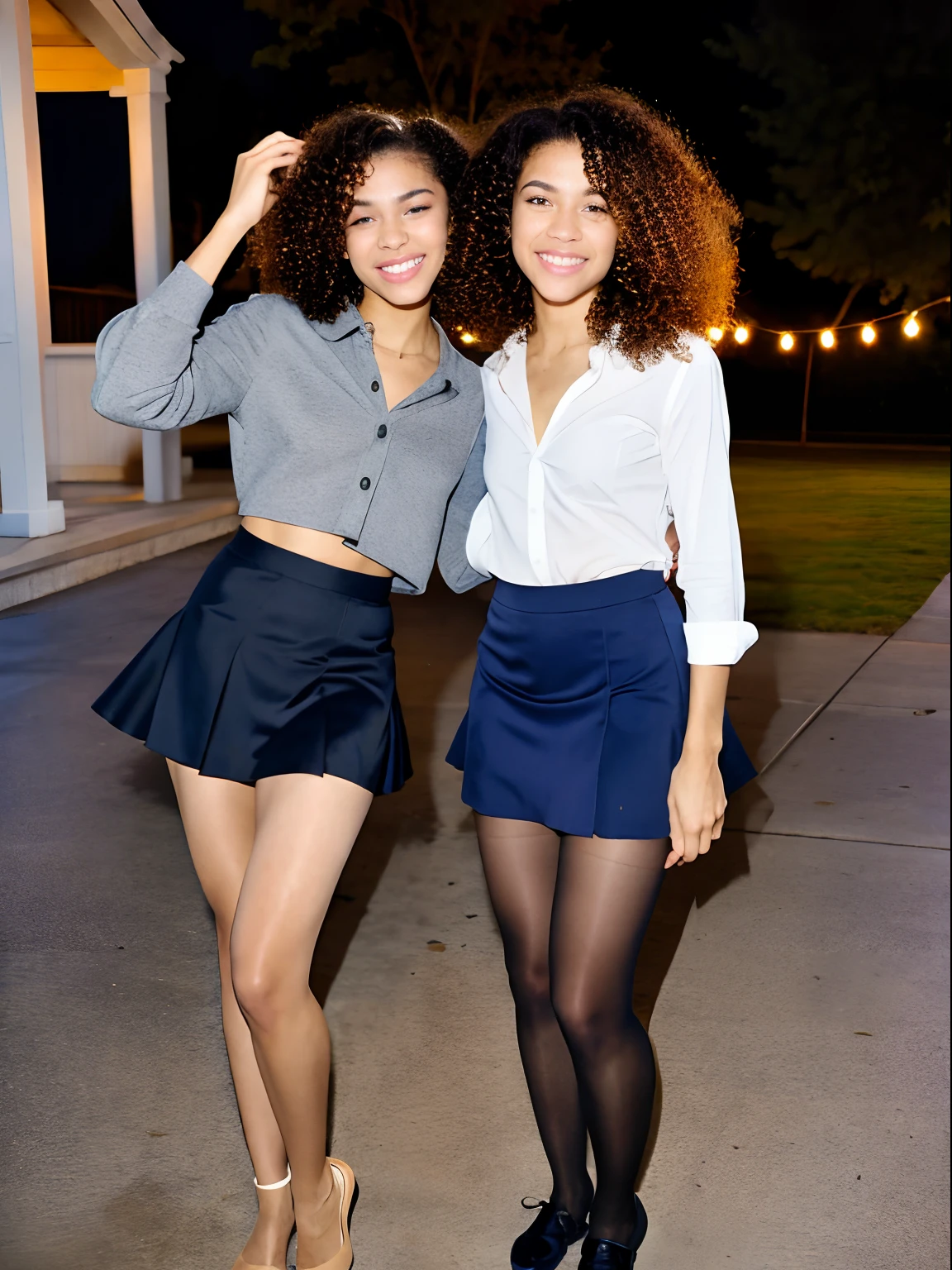 Show entire body, feet in view, aerial view, Zendaya and twin sister, curly hair, American school uniform, short skirt, sheer pantyhose, no shoes, dancing, outdoors, midnight, laughing