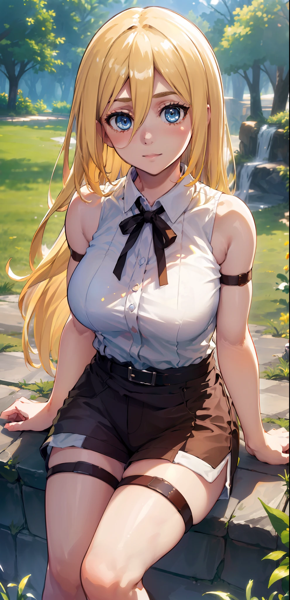 (day:1.7), Forest background,
sitting on the floor,sleeveless,thigh strap,white shirt,belt,
thigh strap, thighs,
blonde hair,blue eyes,bangs, Long_hair,(hair between eyes:1.3),
1 girl, 20yo,mature female,Beautiful Finger,Beautiful long legs,Beautiful body,Beautiful Nose,Beautiful character design, perfect eyes, perfect face,
looking at viewer, in the center of the image,focus on face,
NSFW,official art,extremely detailed CG unity 8k wallpaper, perfect lighting,Colorful, Bright_Front_face_Lighting,
(masterpiece:1.0),(best_quality:1.0), ultra high res,4K,ultra-detailed,
photography, 8K, HDR, highres, absurdres:1.2, Kodak portra 400, film grain, blurry background, bokeh:1.2, lens flare, (vibrant_color:1.2)
(Beautiful,Large_Breasts:1.2), (beautiful_face:1.5),(narrow_waist),