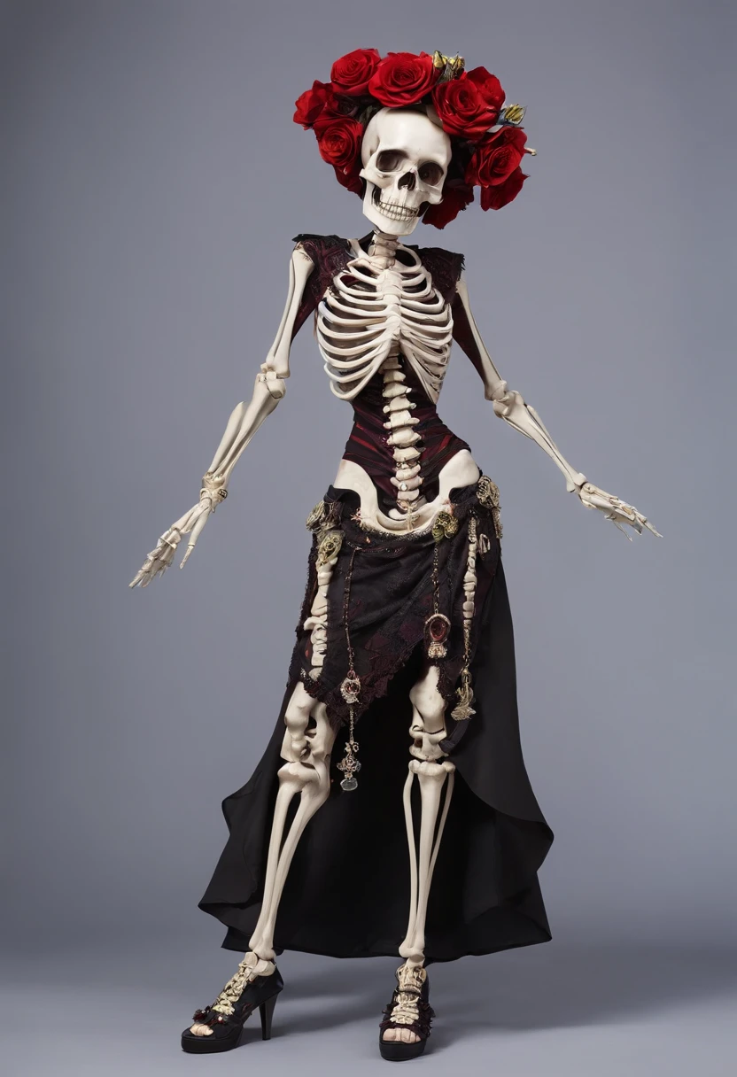 (Skeleton in a bridal dress)， （Wearing a bohemian dress），Stand in front of black volcanic stones, （Super exaggerated skirt：1.37），Flowers grow from the skeleton body, （Precise skeleton structure：1.37）, skullgirls, ska skeleton and girlfriend, (Precise bone structure：1.37,),human bodies intertwined, intricate skeletal decorations, skull bones flowers（There are a lot of blood-red flowers on the skirt：1.2），opulent，dream magical，（Clear and perfect facial features），（Perfect hands and feet),（The skirt blends perfectly with the firelight：1.3）, Red and black color, （Background with fire and black smoke：1.37） alexander mcqueen haute couture