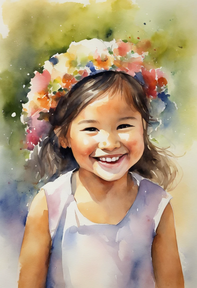 Smiling broadly with open arms, A little girl with a bright face, Welcoming, Completely real, Civic Activist, Volunteering, Donations, South Korea, Watercolor art