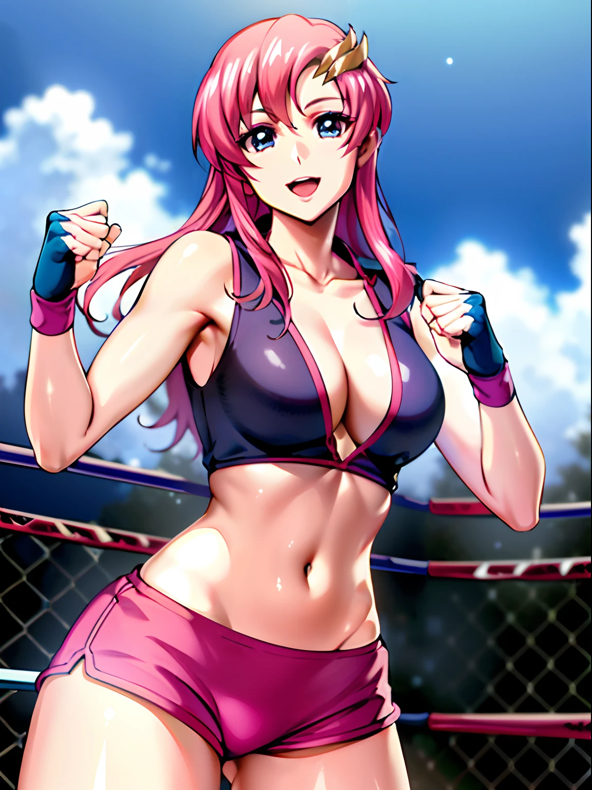 (((pink strapless wrestling outfit, gloves, pink shorts , slender body, long stomach, nice thighs, happy, gentle))), (masterpiece, standing , 4K, Best Quality, Anime style,, Adult Woman, ultra detailed face, (cloud background, wrestling), Drawing lines, high resolution, Anime, lacus4), 1girl, Solo, very Long hair, 鎖骨, scapular, (Detailed wide hair bangs, Hair Ornament, Detailed reddish-pink hair, golden crest), cleavage, large hands, (pro female wrestler). (Big blue eyes, shiny eyes), ((female wrestler, little biceps, slender body, broad shoulders, closed fists, open mouth)), ((perfect proportions, medium breasts, cleavage, long belly)), (((mini strapless wrestling))), (looking at the viewer, sexy, smile),