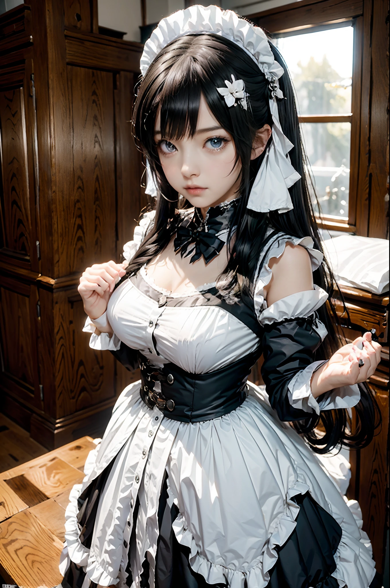 Woman in black and white outfit posing for photo, cosplay of a catboy! maiden! Dress, Anime Girl Cosplay, anime girl in a maid costume, The Magnificent Maiden, azur lane style, maid outfit, cosplay photo, cosplay, albedo from overlord, anime cosplay, A Few Cute Poses，Alluring portrait of Tifa Lockhart, Scene from《azur lane》video games