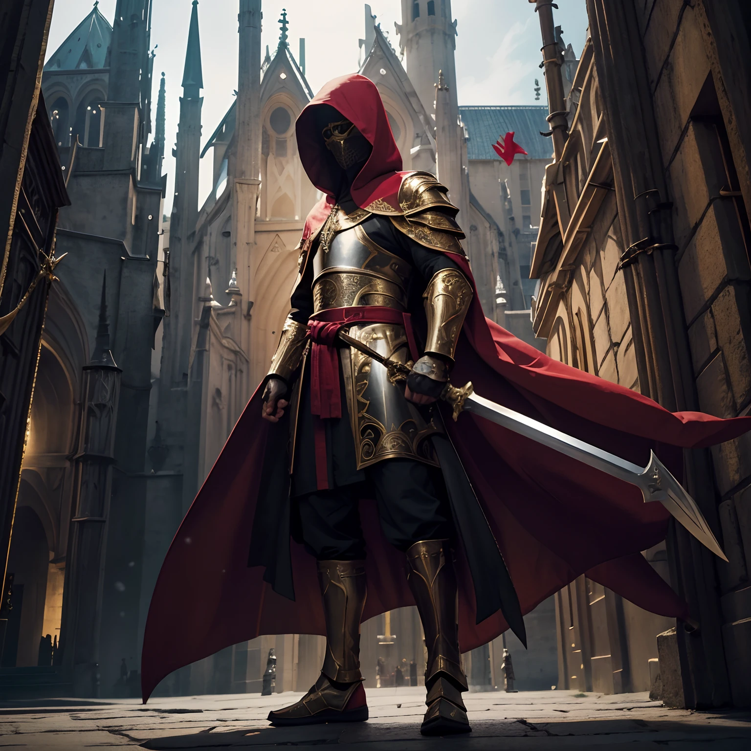 Full body low angle shot of an intimidating hooded holy warrior in golden clothes, red and white wielding a two-handed sword atop a cathedral tower, Man, Ritualistic mask, pelagem longa, olhos negros, low-up angle, altamente detalhado, mascarado,bettert face