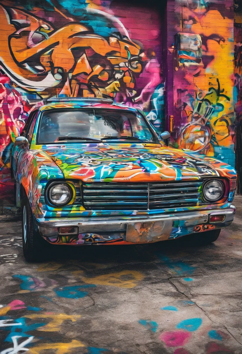 grafite em uma parede de tijolos, ecrito "NATUS", um carro de policia no cenario