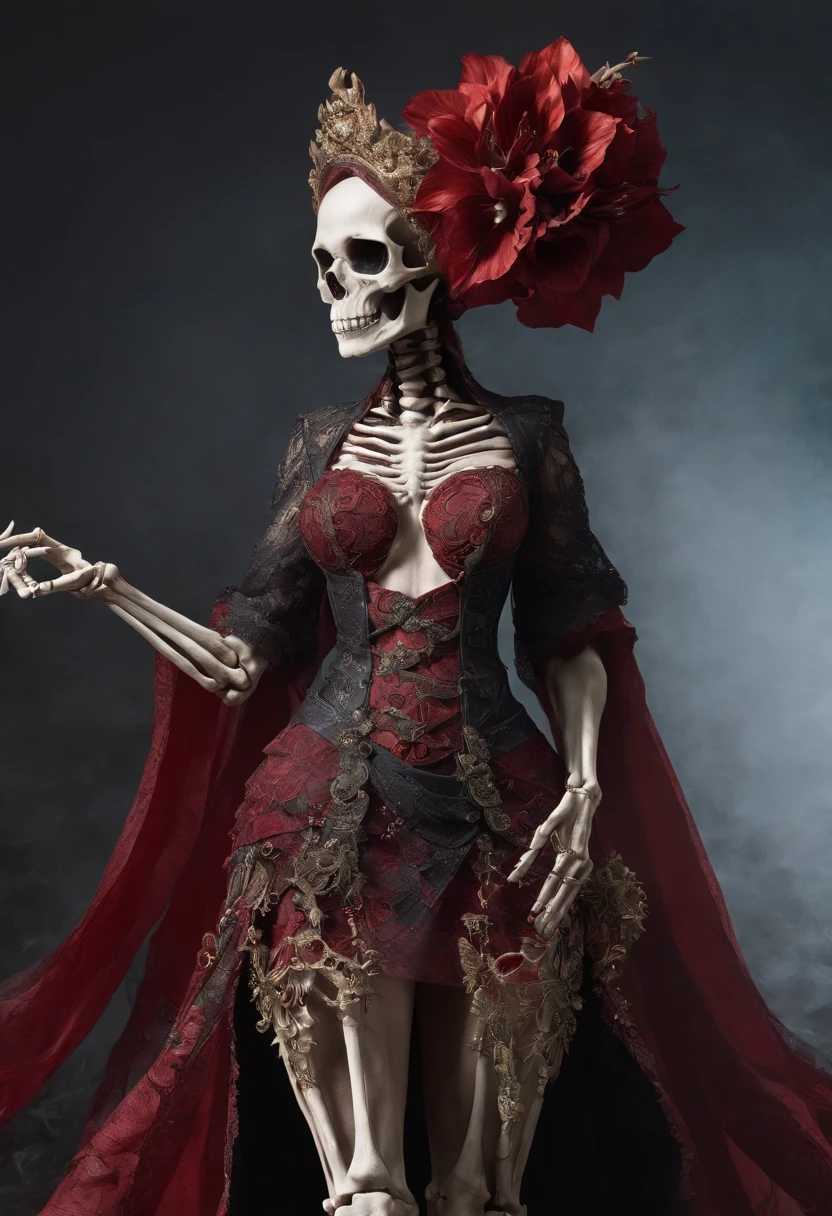 (Skeleton in bridal dress，Stand in front of black volcanic stones），（Wearing a bohemian dress）, （Super exaggerated skirt：1.37），（Flowers grow from the skeletal body：1.37）, （Precise skeleton structure：1.37）, skullgirls, , (Precise bone structure：1.37,),human bodies intertwined, intricate skeletal decorations, skull bones flowers（There are a lot of blood-red flowers on the skirt：1.2），opulent，dream magical，（Clear and perfect facial features），（Perfect hands and feet), （The skirt blends perfectly with the firelight：1.3）, Red and black color, （Background with fire and black smoke：1.37） ，alexander mcqueen haute couture