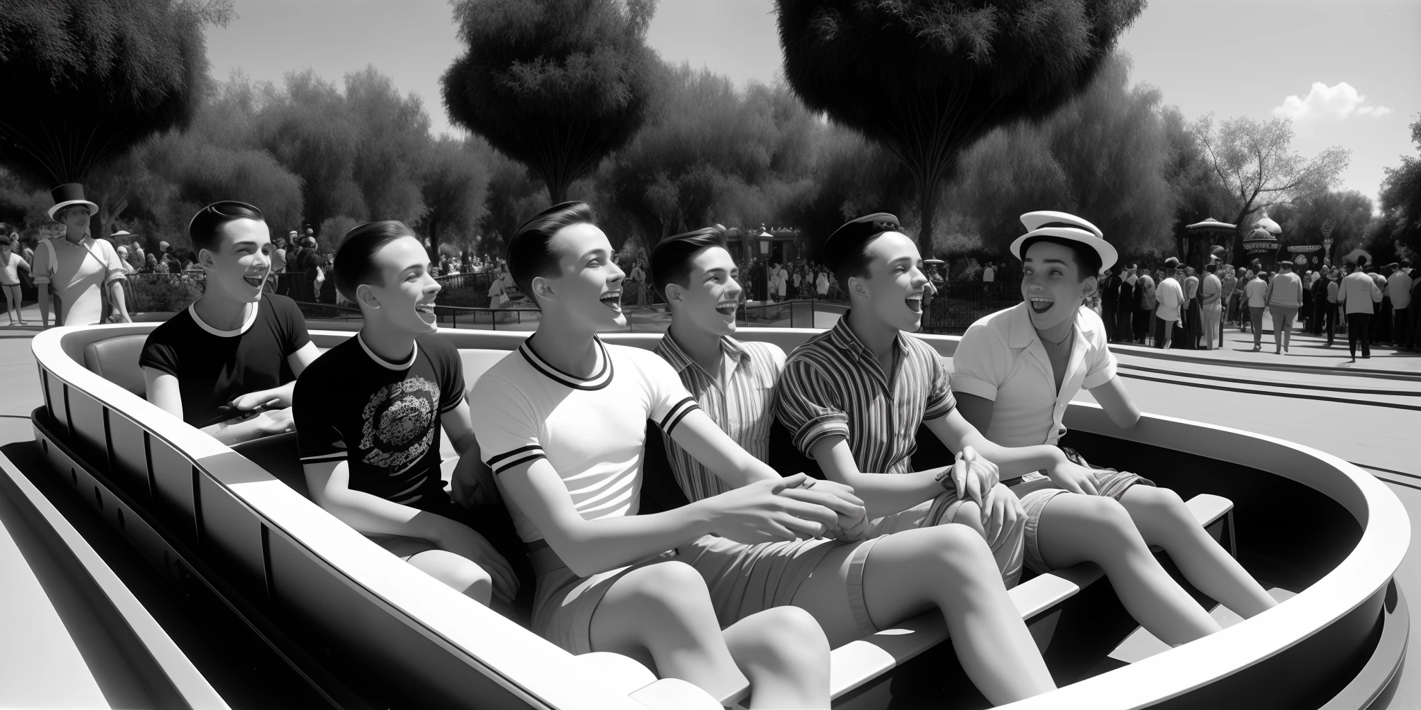 Gay guys on the “Alice in wonderland” ride at Disneyland, 1958