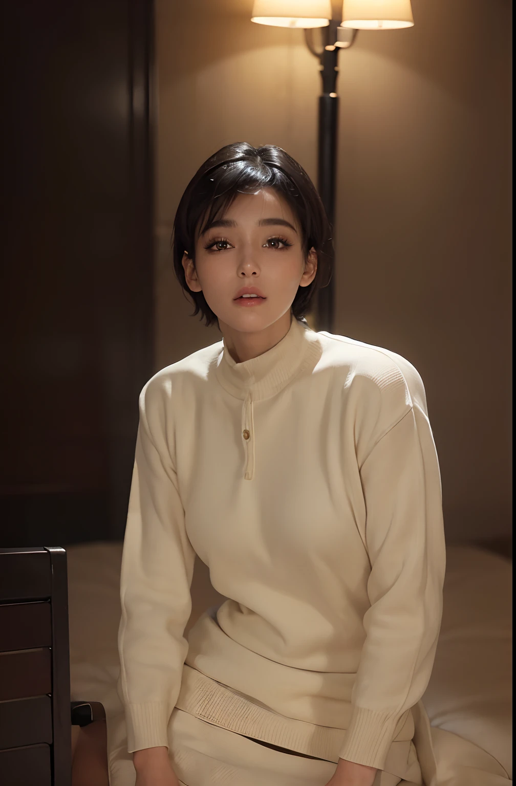 (masterpiece:1.3), (8k, photorealistic, RAW photo, best quality: 1.4), (1girl), beautiful face, (realistic face), (black hair, short hair:1.3), beautiful hairstyle, realistic eyes, beautiful detailed eyes, (realistic skin), beautiful skin, (sweater), absurdres, attractive, ultra high res, ultra realistic, highly detailed, golden ratio