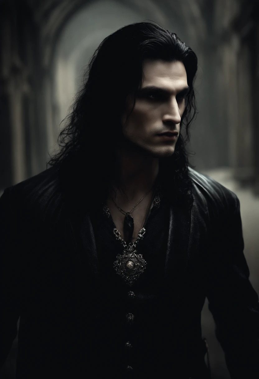 (best quality,photorealistic),(dark,foreboding) man,detailed black eyes,long black hair resembling the night,pale skin,visible dark circles,athletic body but covered in scars,ominous atmosphere,gothic aesthetic,nightmare-like appearance,intense gaze,mysterious aura, sinuous and tense posture,dramatic shadows and lighting,vivid contrast between light and dark,hint of danger,enchanted atmosphere